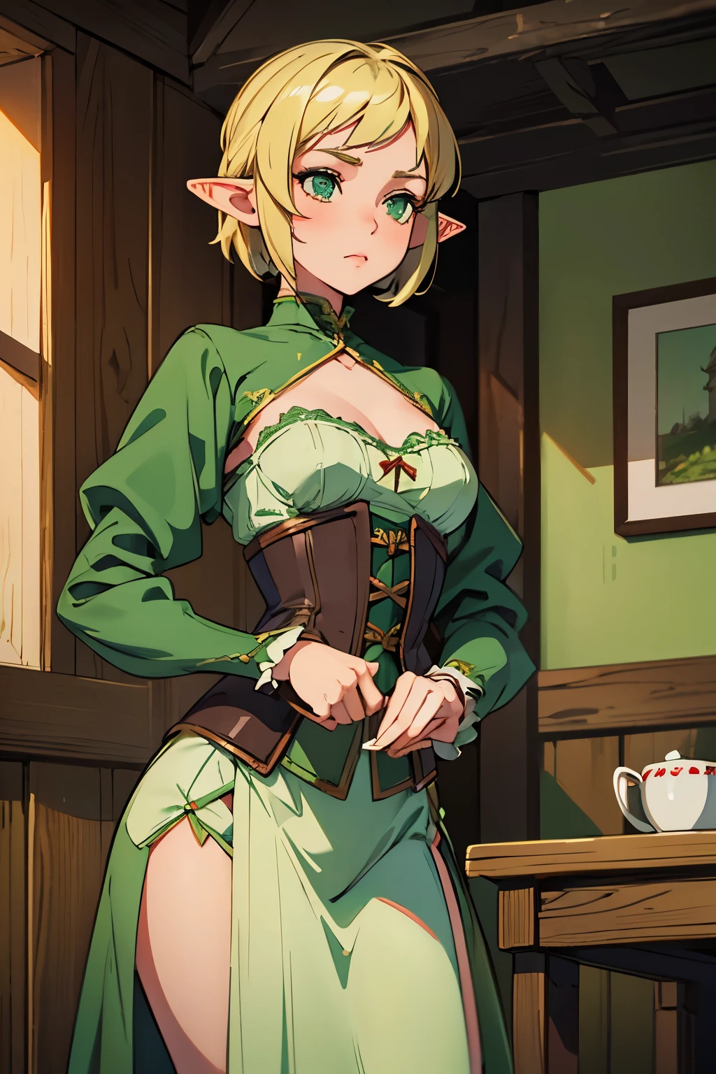 ultra realista 8k CG, master part, 1girl, cute face, thick thighs, elf dress, underwear, green theme