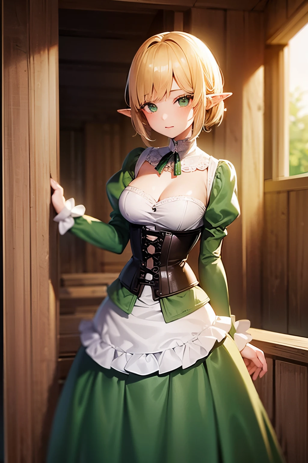 (1Girl, Elf, Short blonde hair, beautiful, medieval green clothes, corset, green eyes), (in a wooden house)