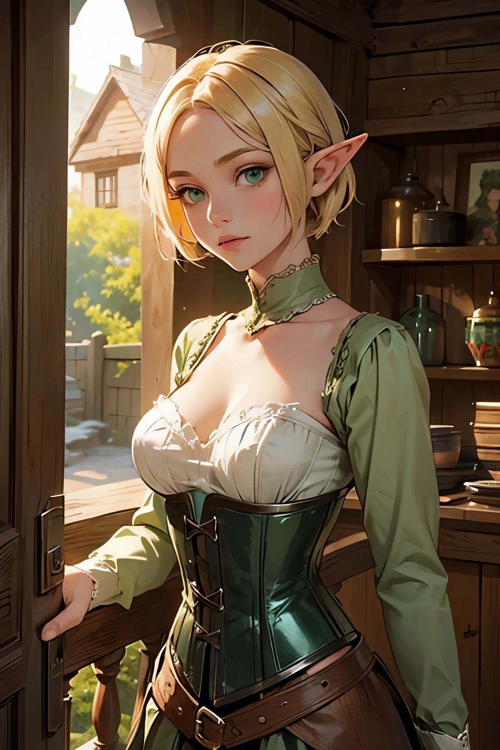 (1Girl, Elf, Short blonde hair, beautiful, medieval green clothes, corset, green eyes), (in a wooden house)