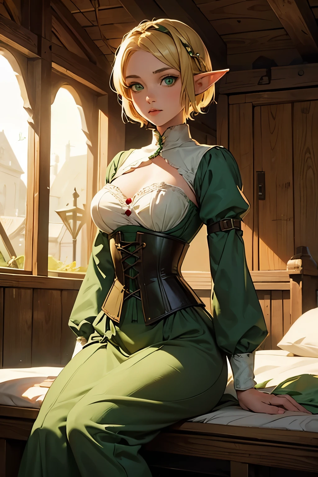 (1Girl, Elf, Short blonde hair, beautiful, medieval green clothes, corset, green eyes), (in a wooden house)