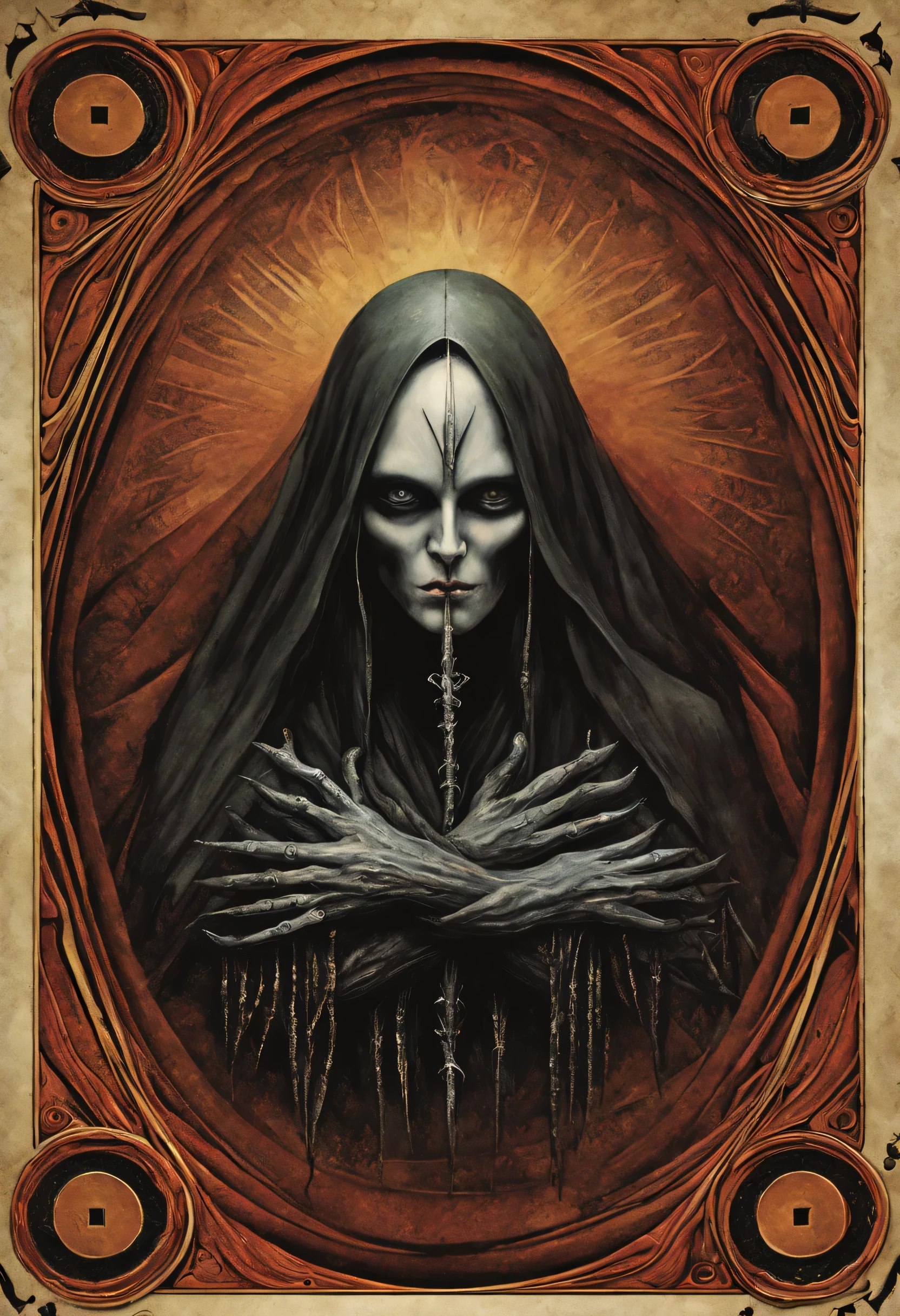 （Jogo King Map:1.5, Rotational symmetry) (main part, Best quality, playing card), 1 senior, One, (logo), playing card, Dreamcatcher, a vampire, short black hair, Free waves, Blue eyes, ,answer, (HG Giger, art by Herman Nitsch, Beksinski, Dariusz Zawadzki, Giger, Zdzisław Beksinski, playing card), playing card, slender body, playing card,