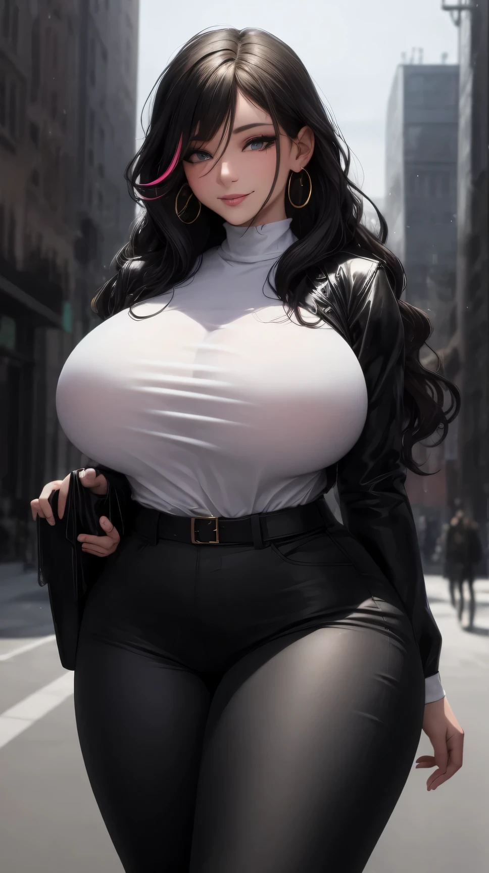 (best quality:1.5, highres, UHD, 4K, detailed lighting, shaders), black wavy hair, gradient hair, large breasts,woman shirt, long pants, big butt, big thighs, mature woman , (pov), white background, colorful eyeshadow, dramatic lighting, sparkling eyes,sensual smile, sensual expression, golden earrings, flowing hair, delicate facial features, soft skin, high cheekbones, urban setting, white background,