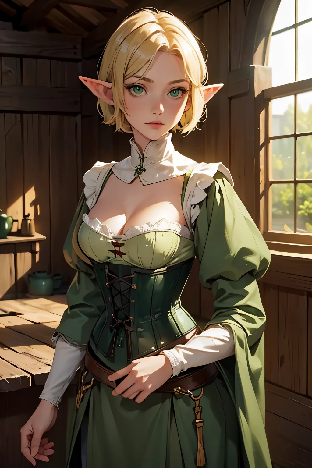 (1Girl, Elf, Short blonde hair, beautiful, medieval green clothes, corset, green eyes), (in a wooden house)