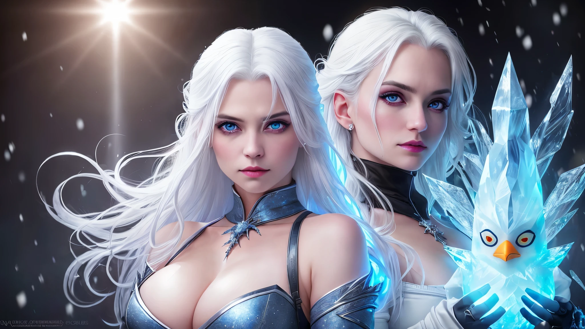 portrait of sexy ice witch, white hair, white eyes, frost spells, small pingouin, small penguin, arctic, ice, snow, (cleavage:1.2), half body, epic (photo, studio lighting, hard light, sony a7, 50 mm, matte skin, pores, colors, hyperdetailed, hyperrealistic)