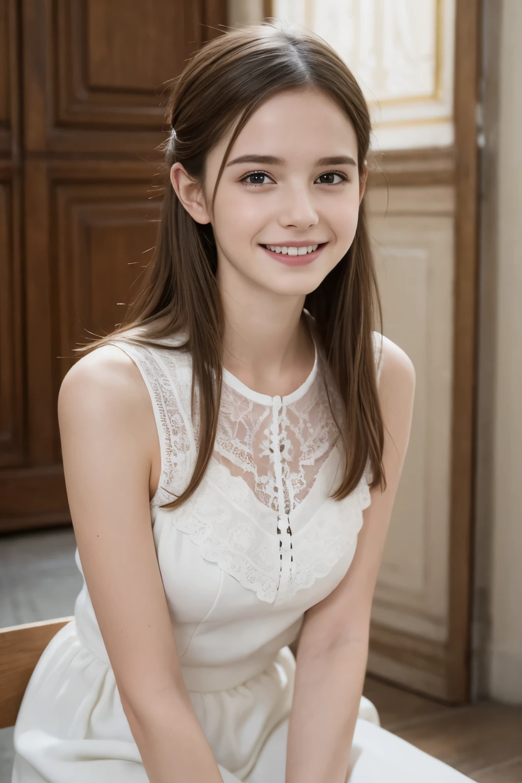 Masterpiece, Best quality, 8k, 18 ans, Photo brute, absurdes, Award-winning portrait, sourire, sourire, pure, french, laces, catalogue, happy smile, philosopher, sitting, highly intelligent, smart, fresh