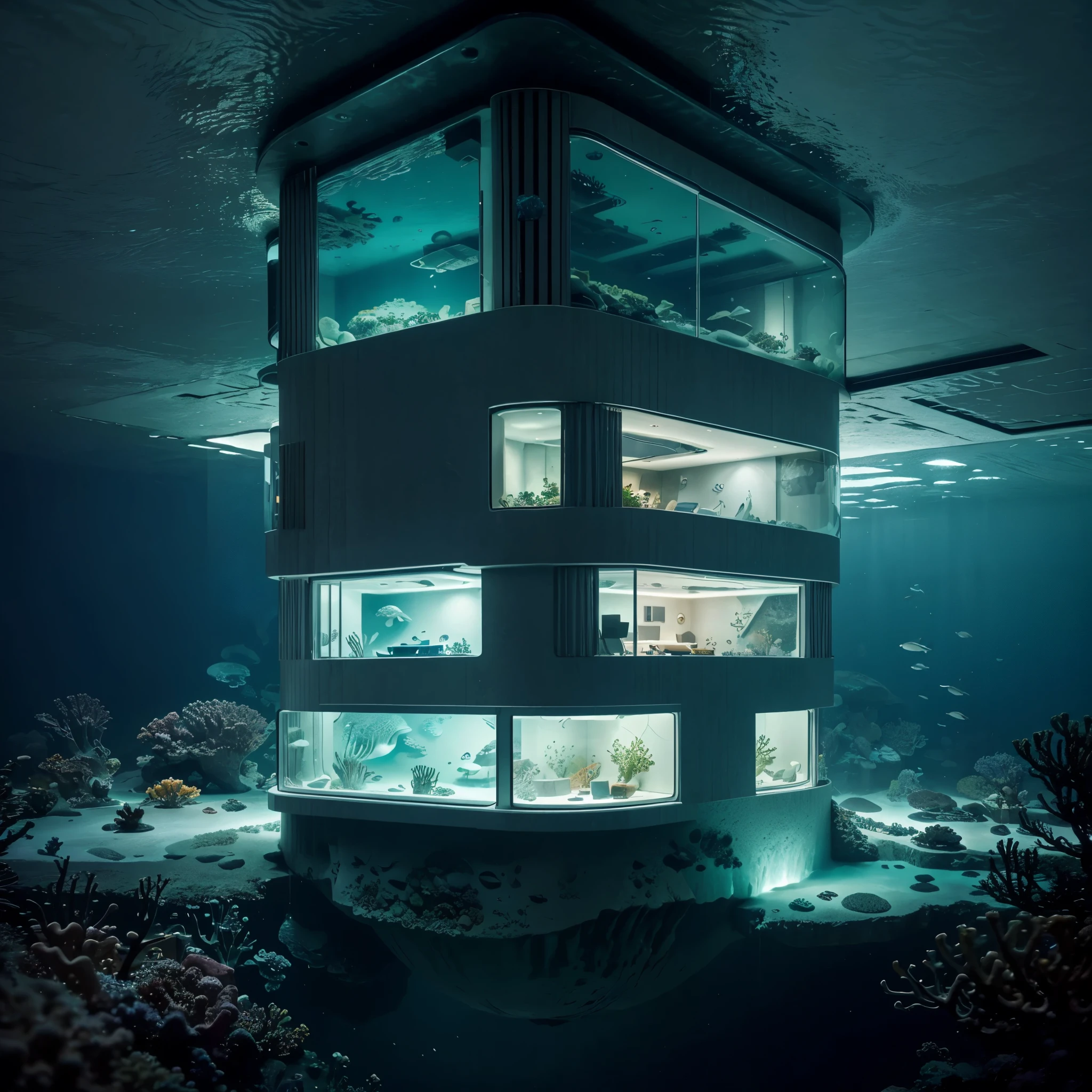 an underwater abode where a contemporary home is submerged beneath the ocean's surface. The transparent walls offer an immersive view of marine life, creating an unparalleled connection with the underwater world. Bioluminescent accents enhance the interior, transforming the house into a living aquatic masterpiece