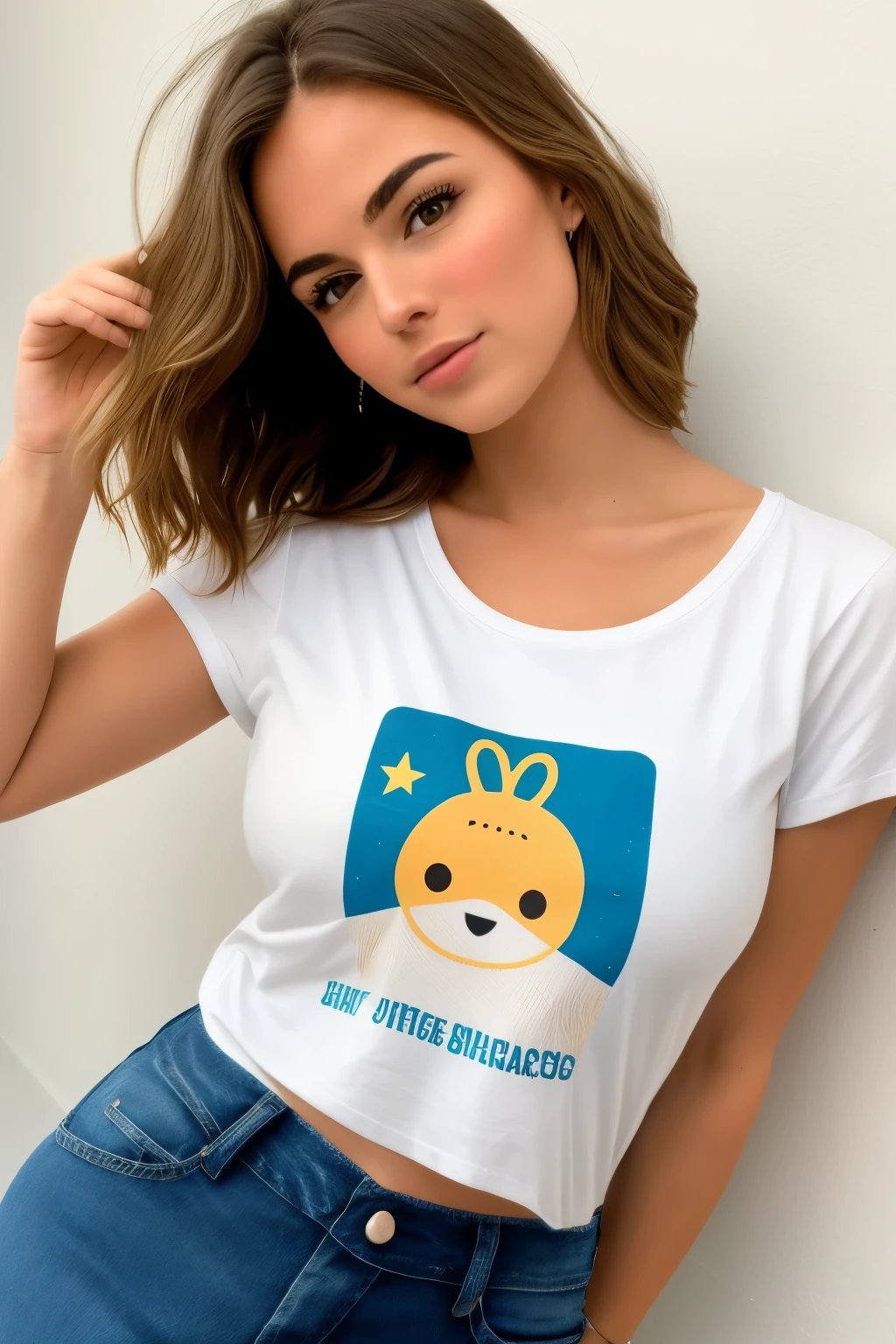A very pretty girl, very big breasts and very big ass with a narrow waist, wear a provocative and tight t-shirt and pants, Posing, It&#39;s in any random place that place is very visually beautiful 