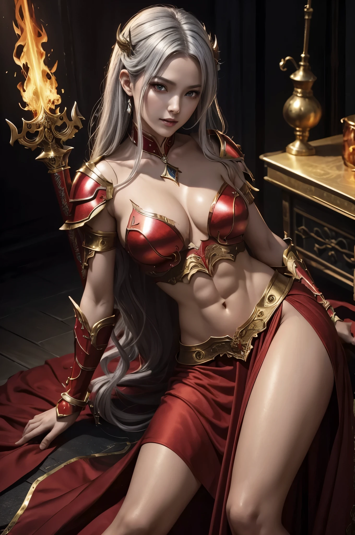 8K、Red flame-shaped chest armor,A bewitching succubus wearing luxurious red armor.,Super beautiful(like the real thing)、Long skirt with a luxurious red flame motif,Arafed woman taking a photo with sword and armor、Beautiful wavy silver hair、big and full breasts、Chest armor with flame motif(red and silver)2。5d cgi anime fantasy artwork、Fan Art Mayeur Art Station、デジタルfantasy art)、wallop loss draw、Woman in armor、壮大なfantasy artスタイル、beautiful succubus、attractive、Beautiful fangs、looking at the viewer、captivating gaze、laughter、master piece,masterpiece,Photorealistic RAW photos of the highest quality。bright colors,rich colors, Backlight, cinematic lighting, film grain, to be born, 50mm lens, Nikon D850,realistic skin,fantasy art,character art,ultra high resolution,realistic scale skin,goddess of evil,horn of evil god,Macho with muscular slender body,Violent and strongly cracked abdominal muscles,golden eyes(golden glitter effect),have the spear of the evil god,