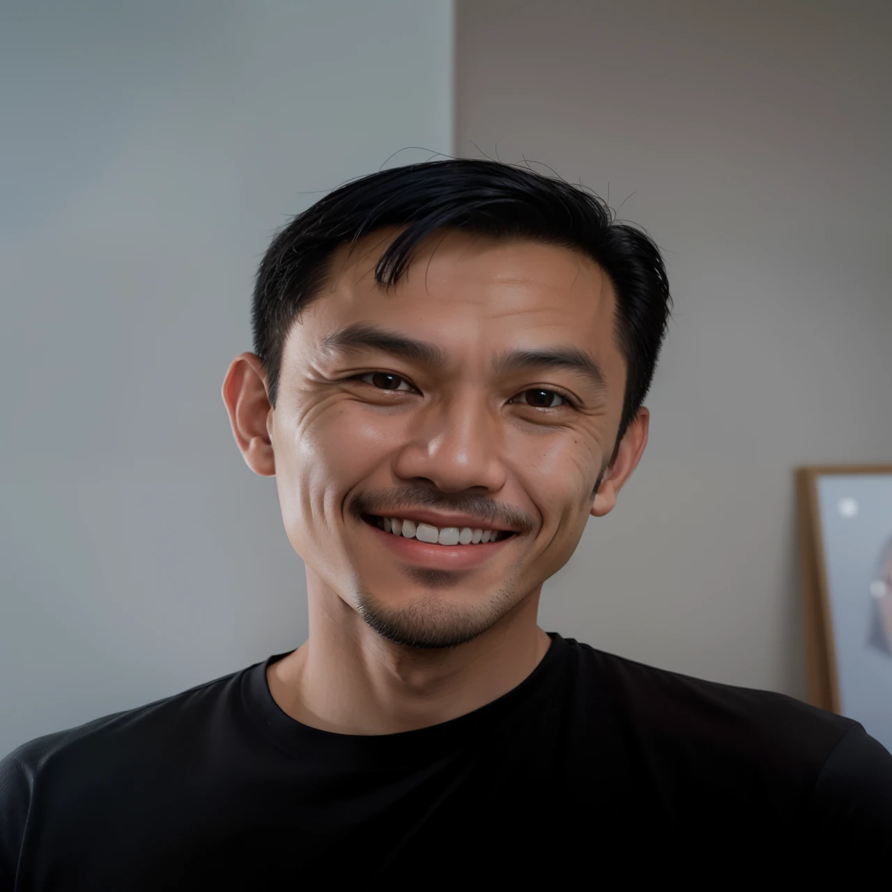 there is a man that is smiling and wearing a black shirt, ramil sunga, john jude palencar, andy worhol, with accurate face, headshot profile picture, wide - angle portrait, mid shot portrait, henry ascensio, a photo of a man, raden saleh, frontal picture, slight friendly smile, smiling and looking directly