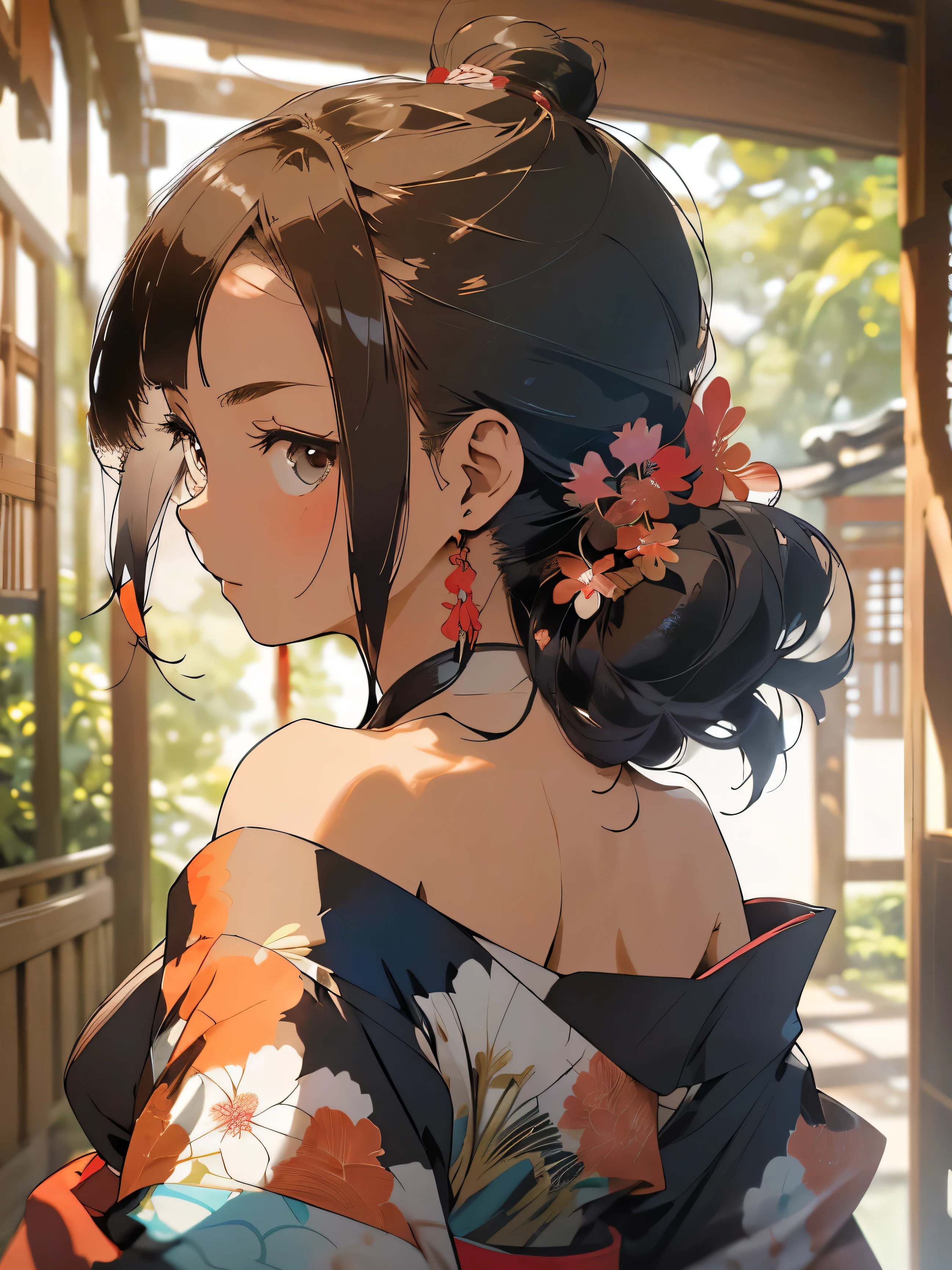 (off shoulder kimono that exposes nape and shoulders:1.3), opened front kimono, (well-shape breasts1.2), (focus on her face:1.3), (she is looking back:1.5), face in profile, sitting in japanese style room, colorful portrait,short yukata, furisode, (first person point of view:1.3), anime