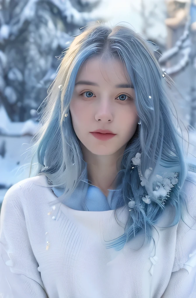 (melhor qualidade:1.2, ultra-detalhado, realista:1.37), modelo de 22 anos de cabelo azul, Cabelo longo, standing outside in the snow, retrato, splendid, white pullover, realista face, cabelo azul claro, Cabelo longo, close do rosto, cabelo sem neve