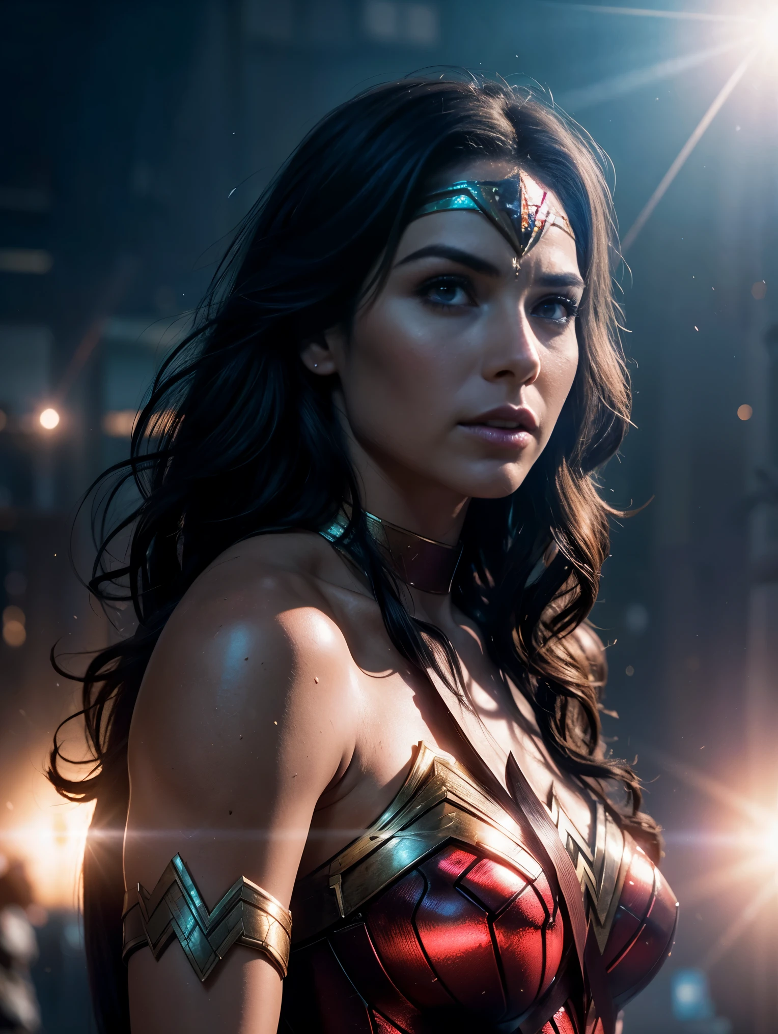Scene from Movie, Wonder Woman from DC Close-Up, Distorted Space, Distorted Undead in the Background, Lens Flares, Light Shafts, Intricate Details, High Detailed, Volumetric Lighting, 4k Rendering, Stock Photo, Hyper-Realistic, Realistic Textures, Dramatic Lighting, Unreal Engine