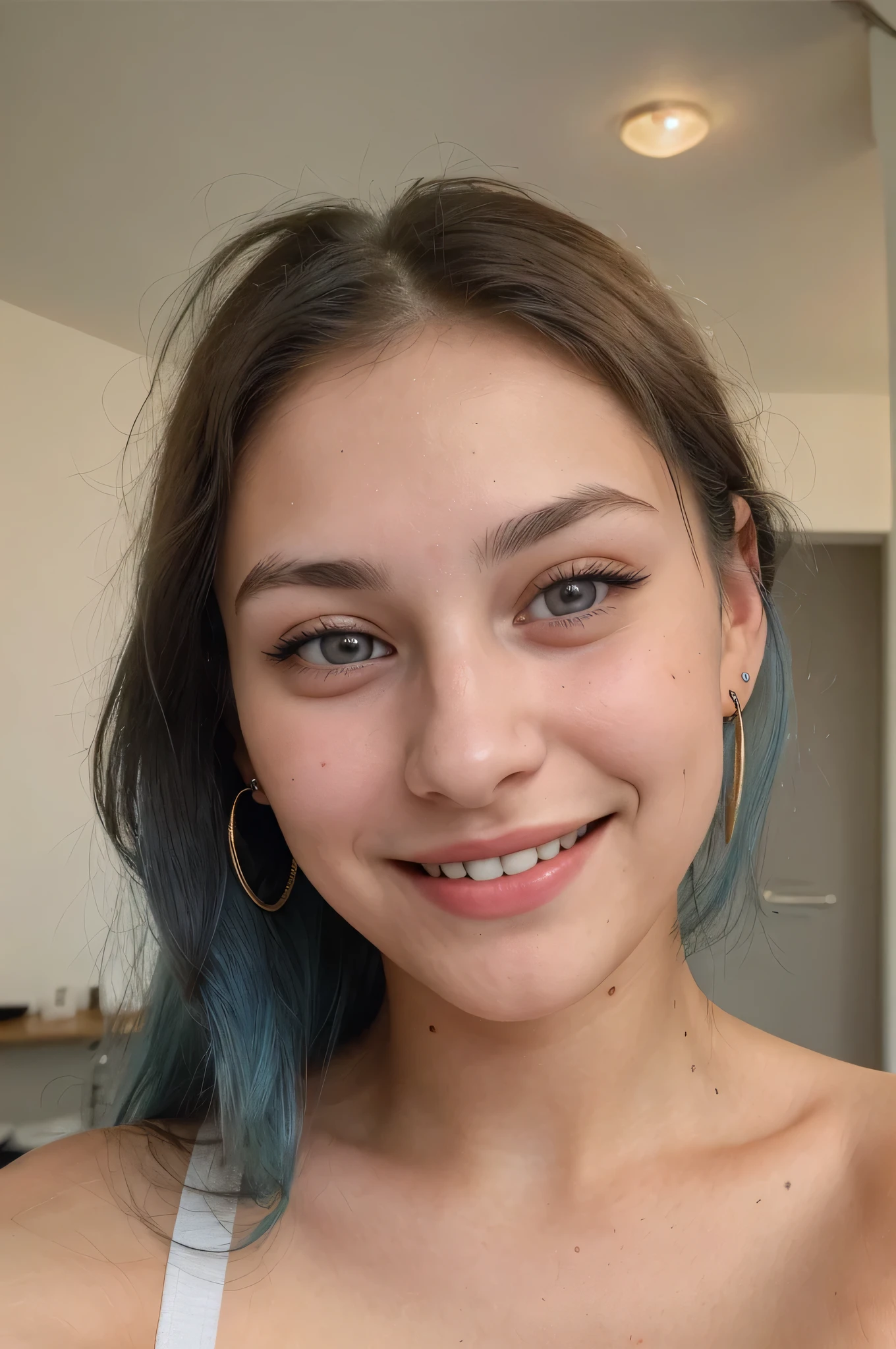 Photo of a 20 year old brunette woman, that has a very natural face, thin lips, thin eyes, thin eyebrows, thin nose, earrings, blue hair, hair blue, smiling , nice saggy , healthy , long eyelashes. She makes a cute selfie in public space
