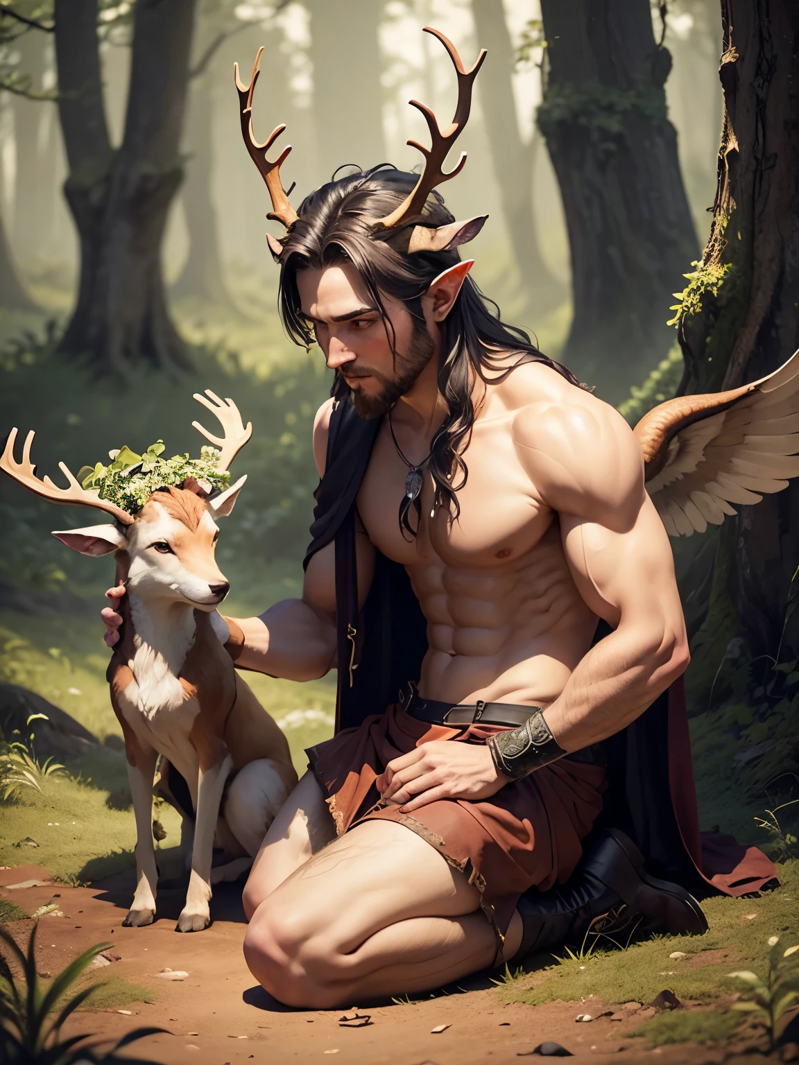 In open fields, forest in the background,
man with antlers stands there(faun), leather skirt,
A wolf crouches next to him on the ground, wings bent