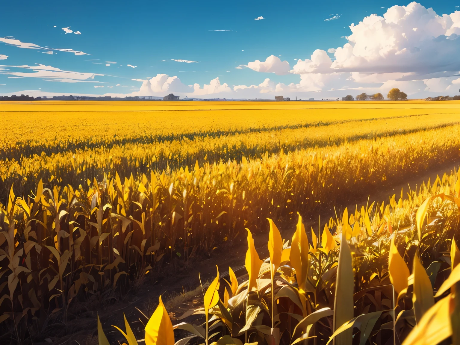 field of maize, berries and sunset, red tractor far away, green grass, soil is shiny, colorful, , sitting on a wooden chair in the background, old farmer with a cane, big landscape, mono, toothpick in the lip, green grass field, brown soil, grandma, walking far away, looks small from a distance, picking red strawberries, blueberries, in the farm, which is huge compared to her
