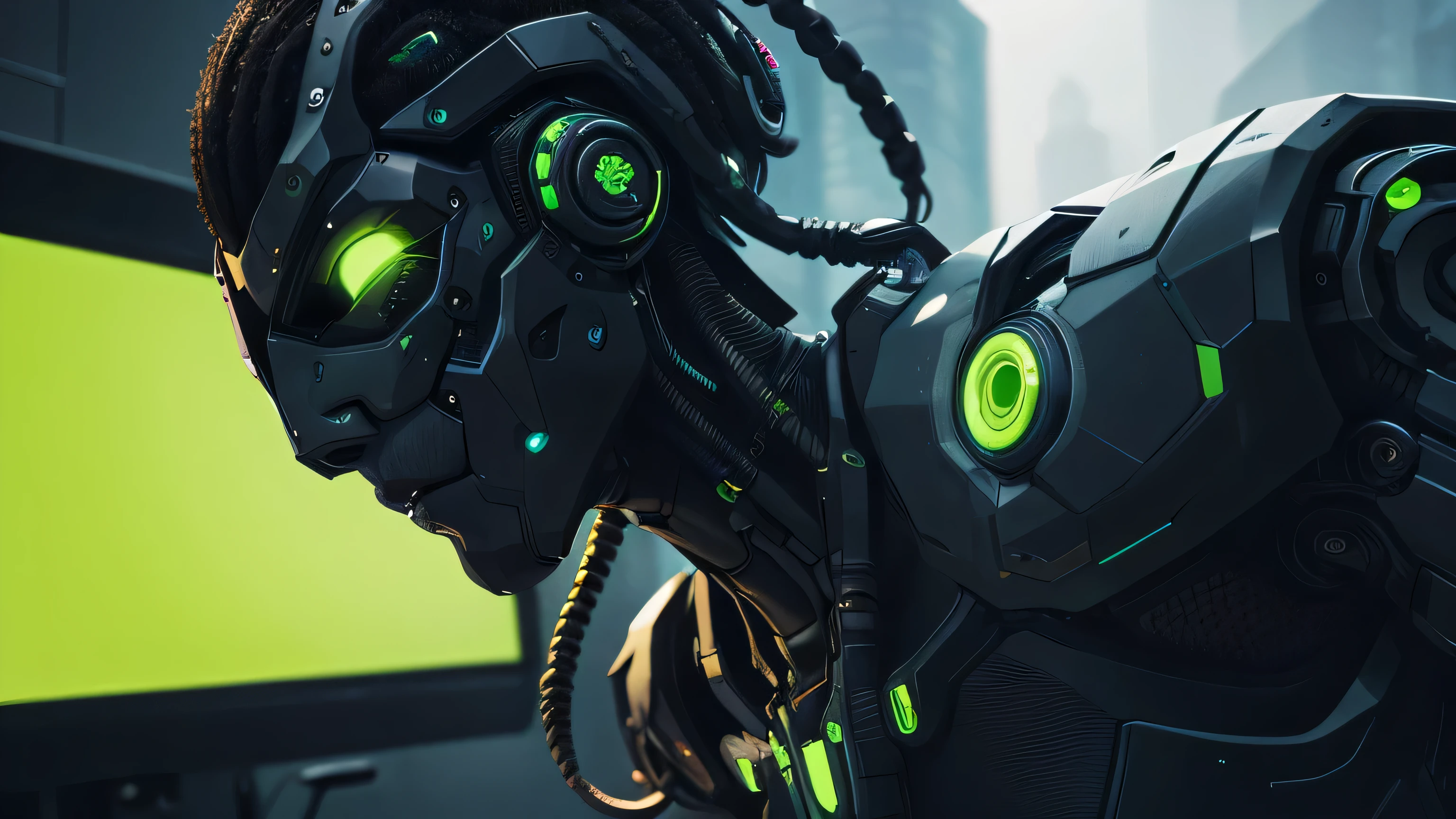 cyberpunk, robot, abstract, dark, lime green, ultra realistic, detailed, masterpiece, mysterious figures