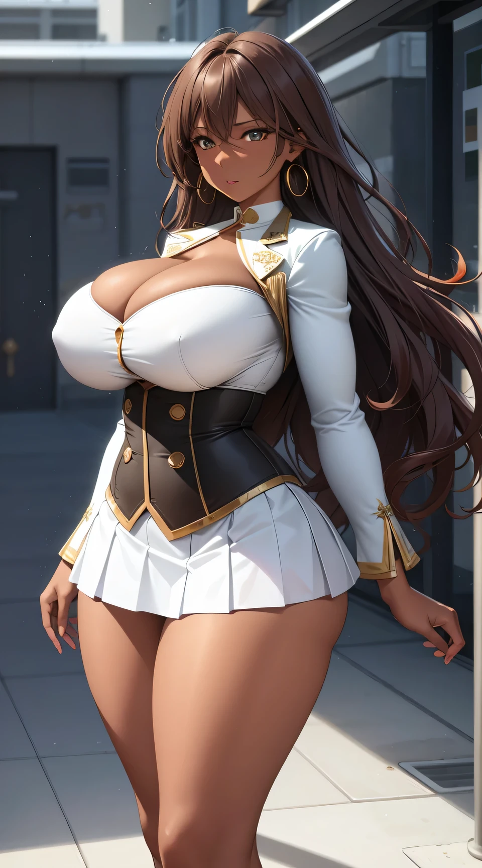 (best quality:1.5, highres, UHD, 4K, detailed lighting, shaders), brown wavy hair, gradient hair, large breasts, large butt, big thighs, mature woman, woman stretch jersey, small skirt, white panties, white skirt, (pov), full body, white background, colorful eyeshadow, dramatic lighting, sparkling eyes, confident expression, golden earrings, flowing hair, delicate facial features, dark skin, high cheekbones, stylish clothing, urban setting, white background