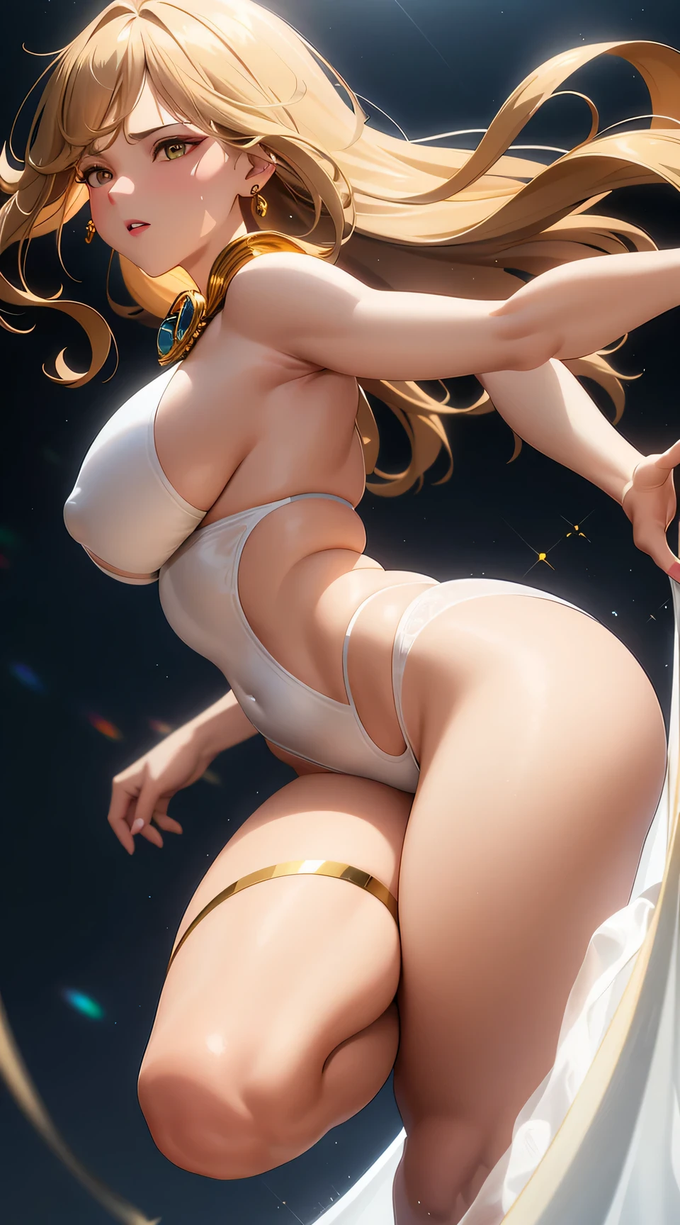 (best quality:1.5, highres, UHD, 4K, detailed lighting, shaders), brown wavy hair, gradient hair, large breasts, large butt, big thighs, mature woman, woman stretch jersey, small skirt, white panties, white skirt, (pov), full body, white background, colorful eyeshadow, dramatic lighting, sparkling eyes, confident expression, golden earrings, flowing hair, delicate facial features, soft skin, high cheekbones, stylish clothing, urban setting, white background