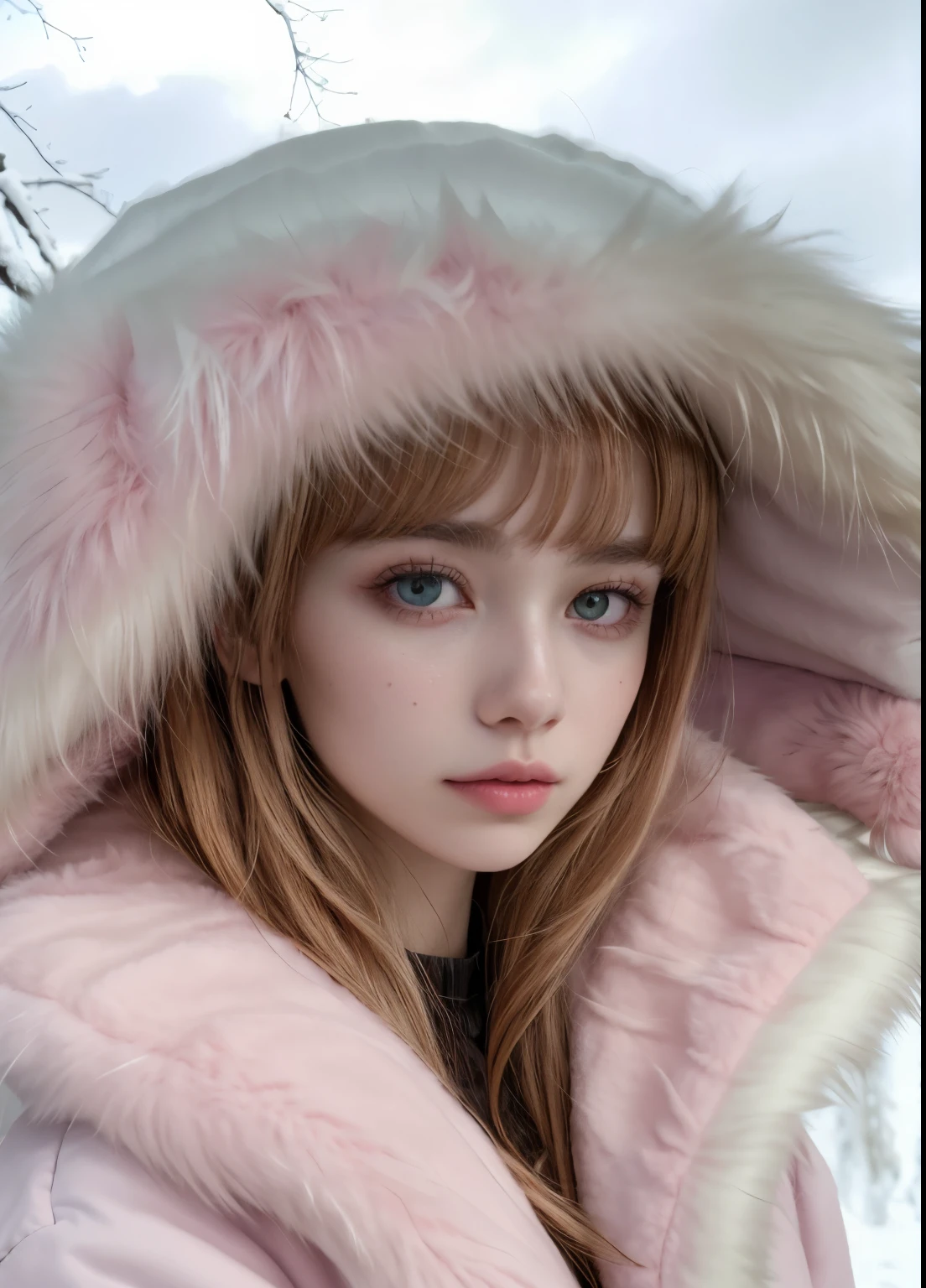 arafed woman in a pink fur coat posing for a picture, in style of petra collins, she looks like a mix of grimes, pastel fur, looks a blend of grimes, looks like a mix of grimes, resembling a mix of grimes, pink fur, coat for a rave with fur, belle delphine, petra collins, pink fluffy fur