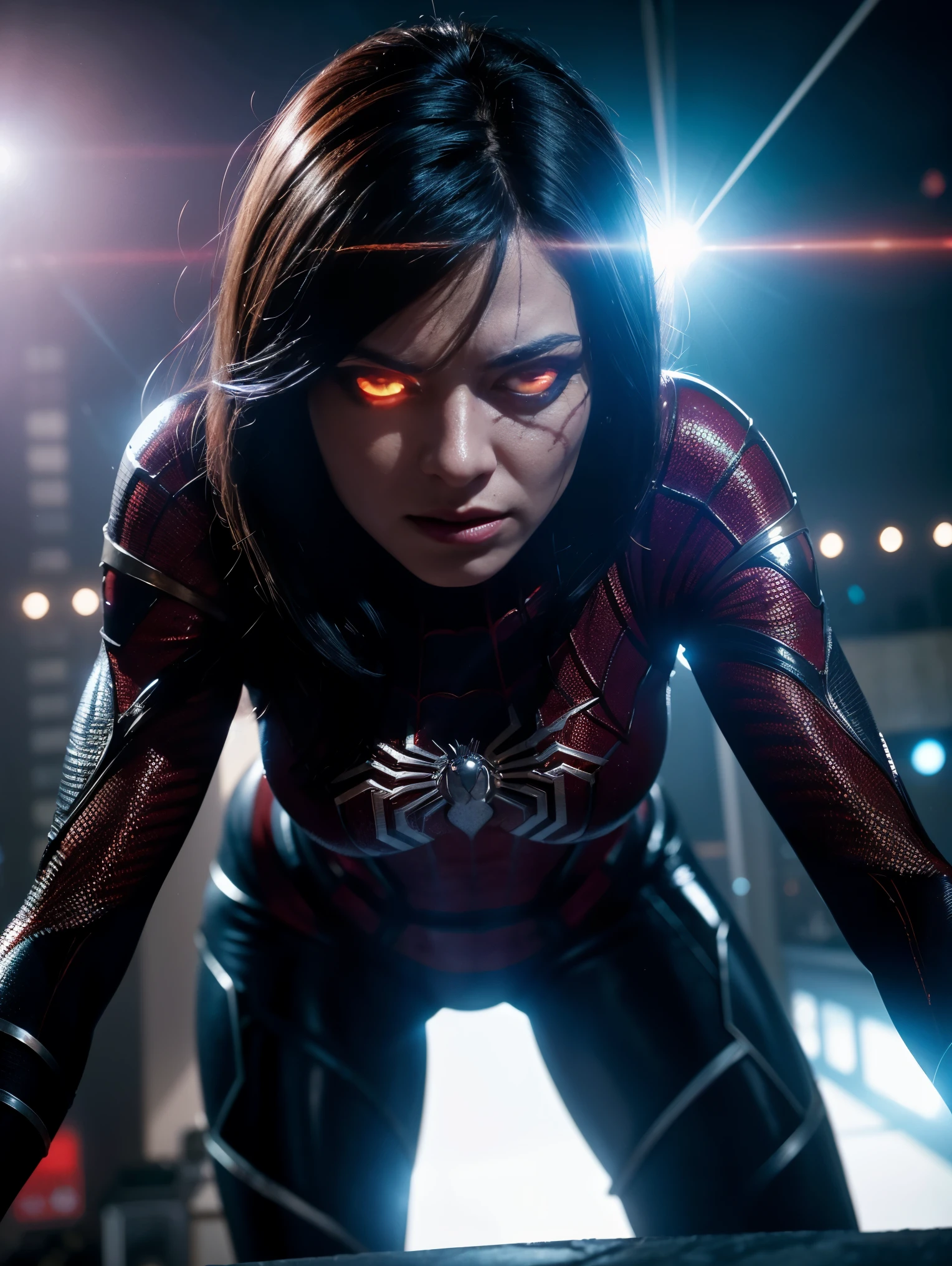 Scene from Movie,spiderWoman from marvel Close-Up, Distorted Space, Distorted Undead in the Background, Lens Flares, Light Shafts, Intricate Details, High Detailed, Volumetric Lighting, 4k Rendering, Stock Photo, Hyper-Realistic, Realistic Textures, Dramatic Lighting, Unreal Engine