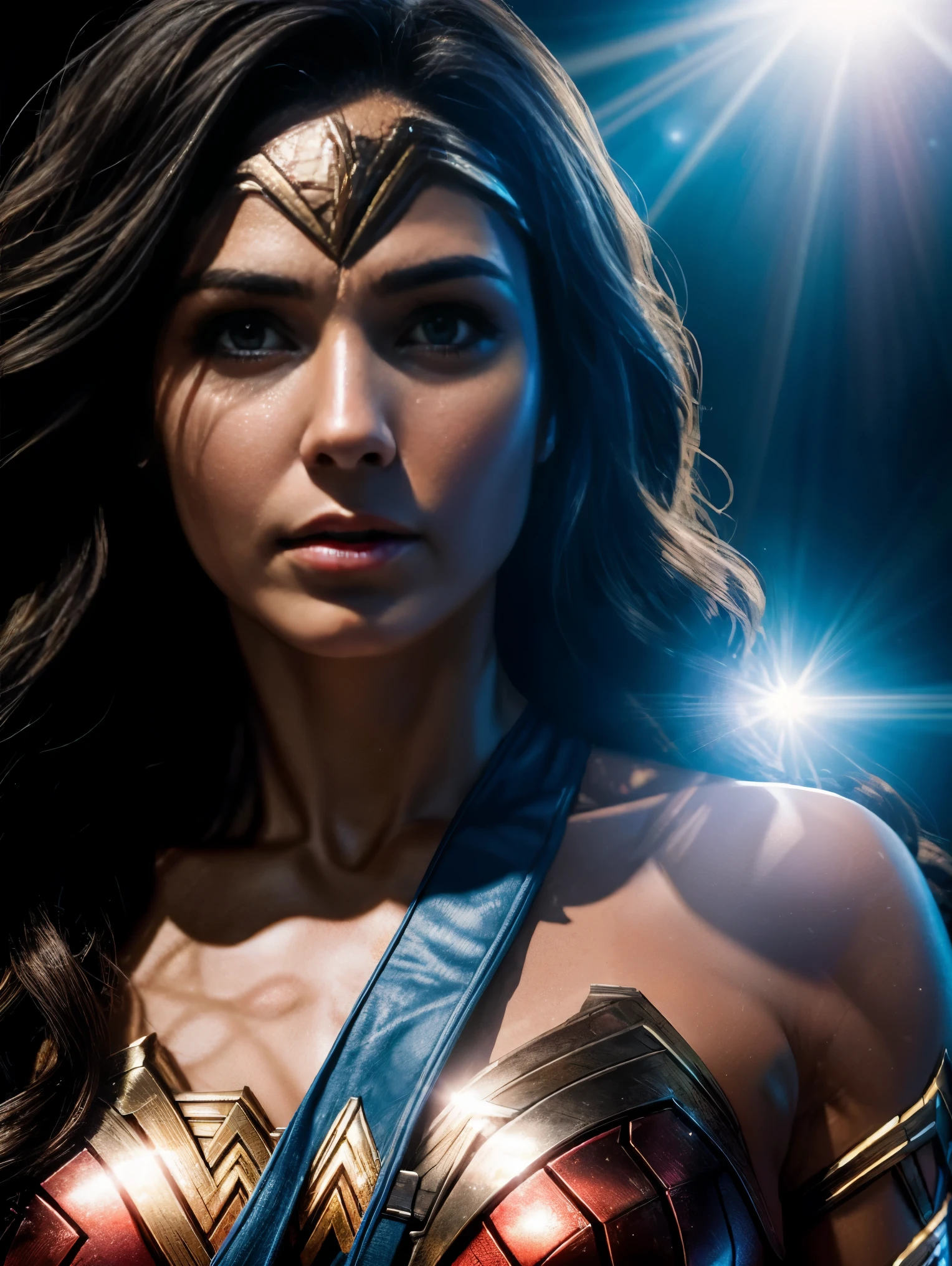 Scene from Movie, Wonder Woman from DC Close-Up, Distorted Space, Distorted Undead in the Background, Lens Flares, Light Shafts, Intricate Details, High Detailed, Volumetric Lighting, 4k Rendering, Stock Photo, Hyper-Realistic, Realistic Textures, Dramatic Lighting, Unreal Engine