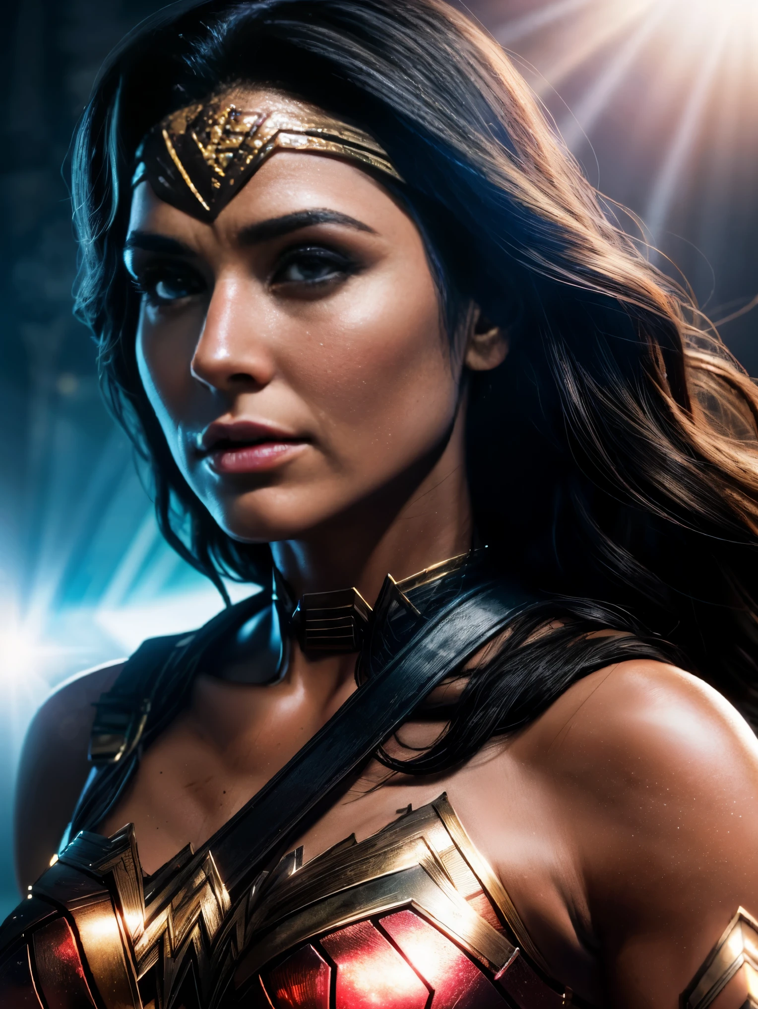 Scene from Movie, Wonder Woman from DC Close-Up, Distorted Space, Distorted Undead in the Background, Lens Flares, Light Shafts, Intricate Details, High Detailed, Volumetric Lighting, 4k Rendering, Stock Photo, Hyper-Realistic, Realistic Textures, Dramatic Lighting, Unreal Engine