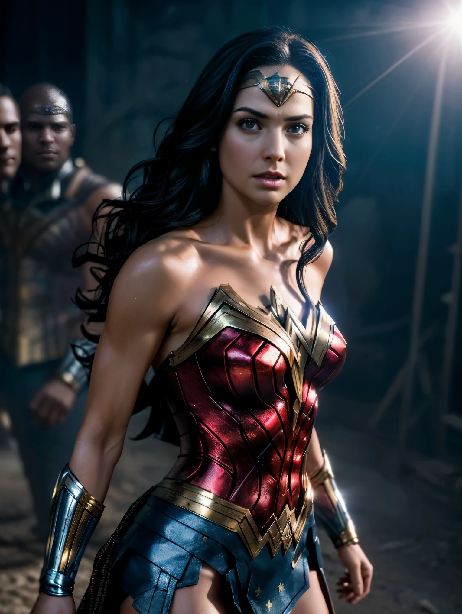 Scene from Movie, Wonder Woman from DC Close-Up, Distorted Space, Distorted Undead in the Background, Lens Flares, Light Shafts, Intricate Details, High Detailed, Volumetric Lighting, 4k Rendering, Stock Photo, Hyper-Realistic, Realistic Textures, Dramatic Lighting, Unreal Engine
