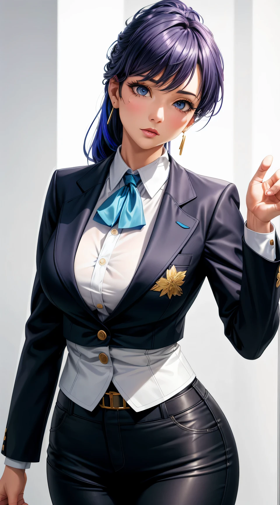 (best quality:1.5, highres, UHD, 4K, detailed lighting, shaders), blue floral haired, gradient hair, large breasts, suit, gray shirt, social shirt, short pants, mature woman , (pov), white background, colorful eyeshadow, dramatic lighting, sparkling eyes, sensual expression, golden earrings, flowing hair, delicate facial features, dark skin, high cheekbones, urban setting, white background, dont look for the camera, lean forward, ( pose : behind the camera)