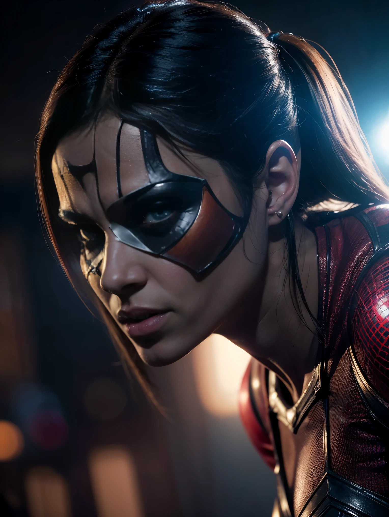 Scene from Movie,spider Woman from marvel  Close-Up, Distorted Space, Distorted Undead in the Background, Lens Flares, Light Shafts, Intricate Details, High Detailed, Volumetric Lighting, 4k Rendering, Stock Photo, Hyper-Realistic, Realistic Textures, Dramatic Lighting, Unreal Engine