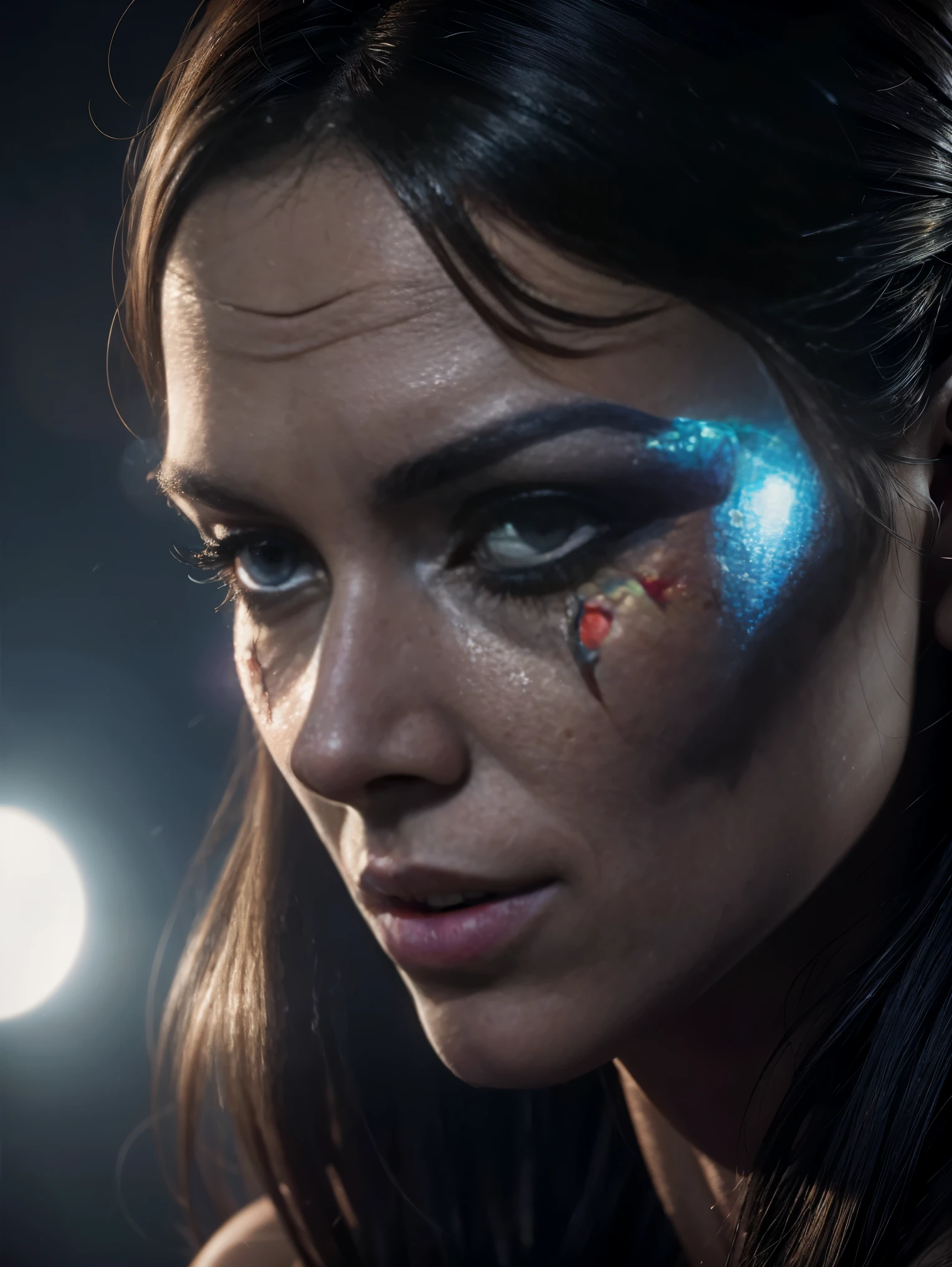 Scene from Movie,spider Woman from marvel  Close-Up, Distorted Space, Distorted Undead in the Background, Lens Flares, Light Shafts, Intricate Details, High Detailed, Volumetric Lighting, 4k Rendering, Stock Photo, Hyper-Realistic, Realistic Textures, Dramatic Lighting, Unreal Engine