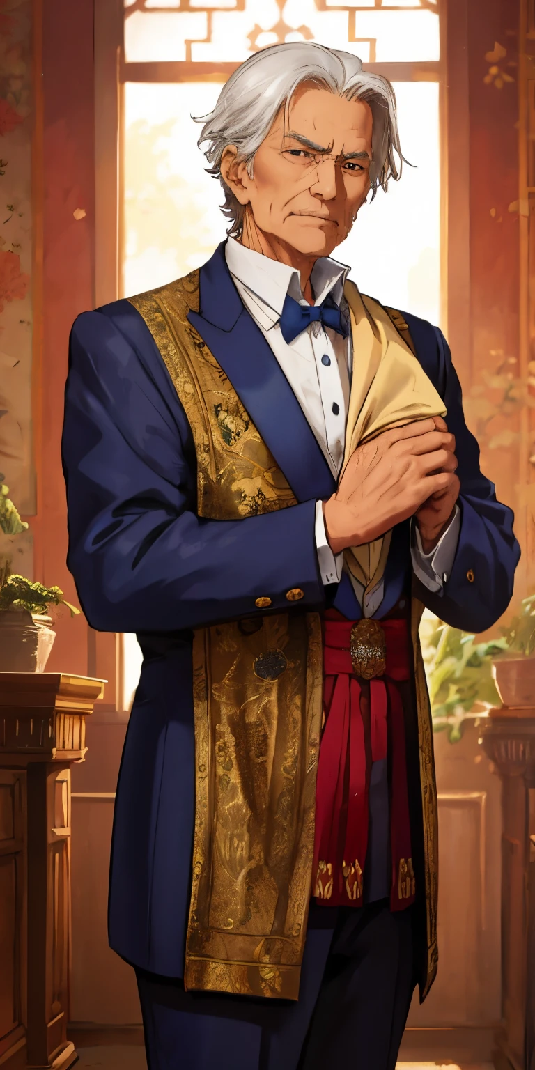 Anime-style elderly man holding a luxurious piece of fabric in his hand. The man is depicted with wisdom and dignity, and his expression reflects years of experience in the textile industry. The fabric he holds is rich and elegant, with intricate patterns and textures that suggest its high quality. The man's presence exudes a sense of authority and mastery in his craft, making the viewer appreciate the beauty and significance of the fabric he holds