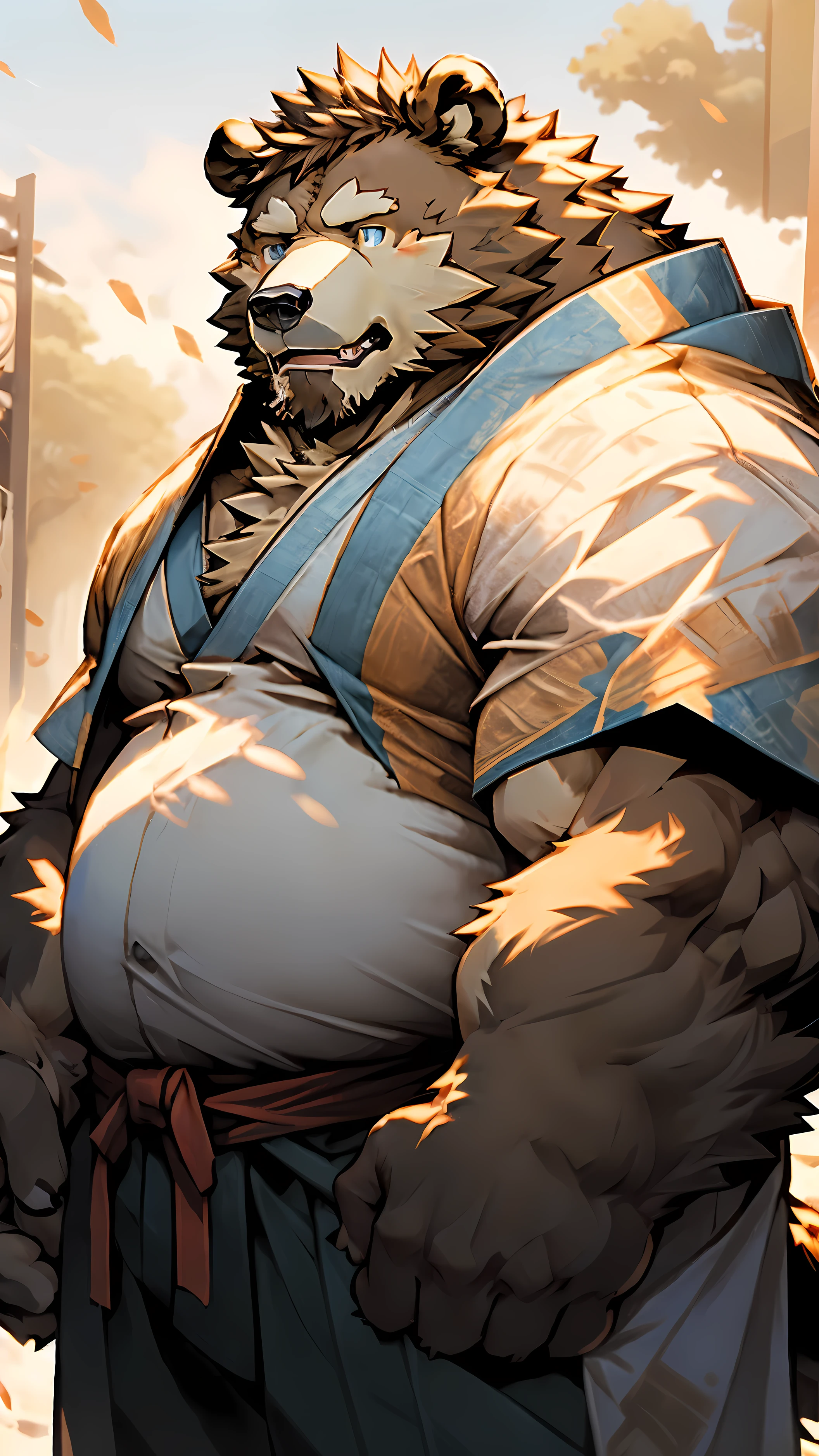 perfect anatomy,(best quality, masterpiece, ultra-deTailed, sharp focus, actual:1.37),Nichijo's inspiration, sharp gaze, blue eyes, hairy, brown fur, white fur, rugged Beard, Upper body, Humanity (Bear), male, (Bear), middle aged, brown body, white belly, Tail, chubby, samurai costume, Long gray cloak, HD, dark background