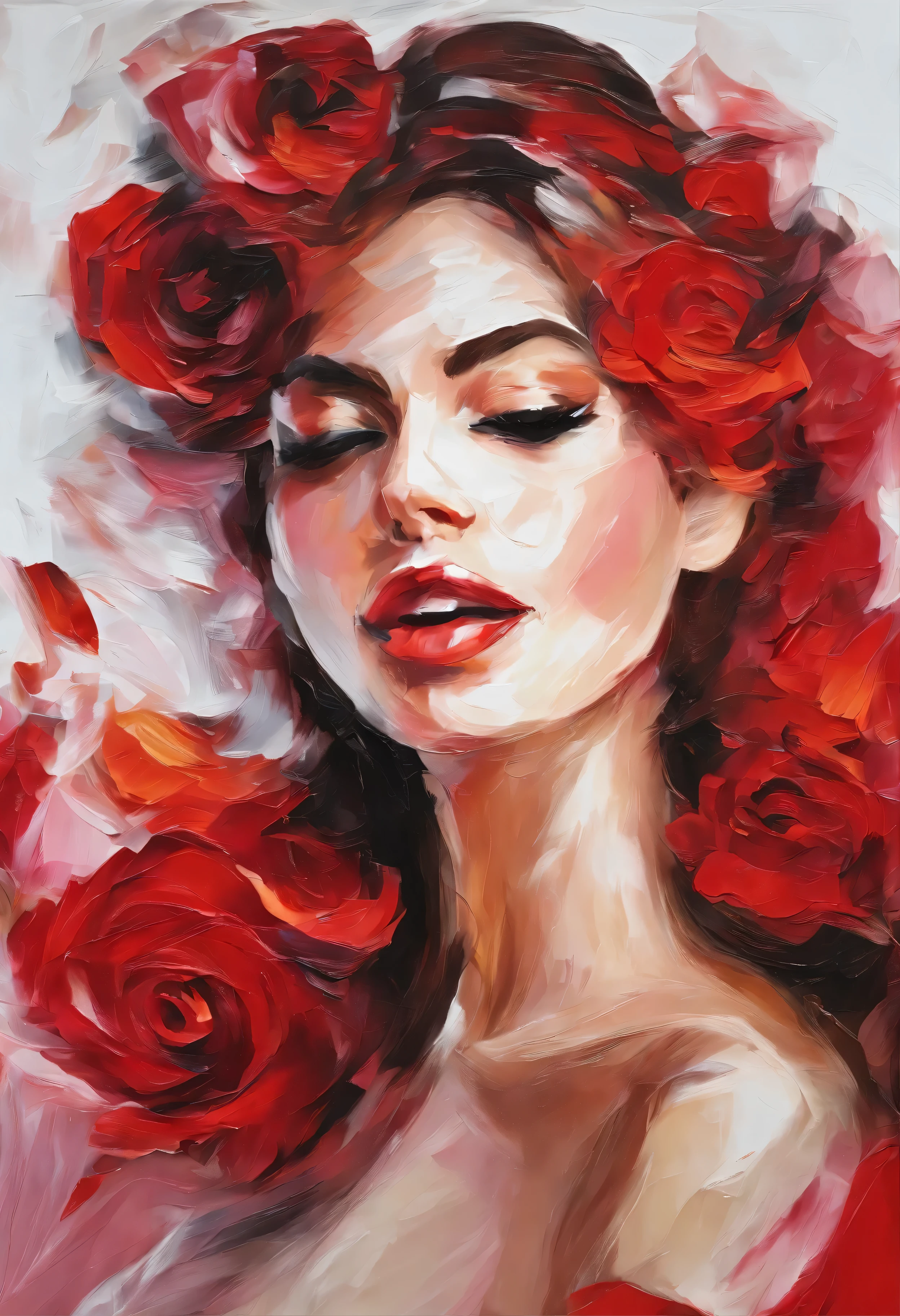 A impasto oil painting of woman , view by side, looking to viewers, seduce, wearing a red rose on her hair near her ear, white background, closed up, hyper realistic oil painting. masterpiece art work.