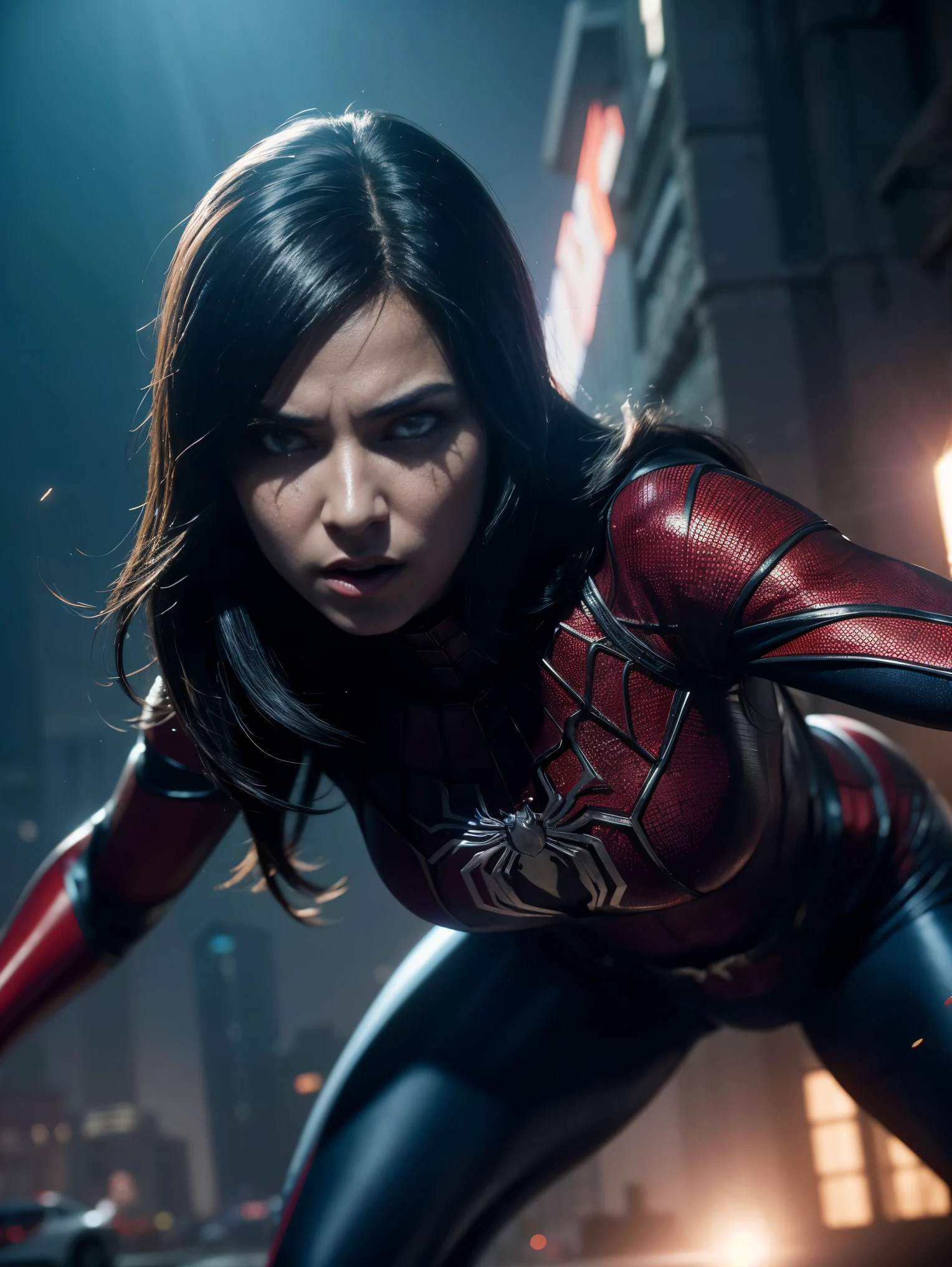 Scene from Movie, spiderWoman from marvel, Distorted Space, Distorted Undead in the Background, Lens Flares, Light Shafts, Intricate Details, High Detailed, Volumetric Lighting, 4k Rendering, Stock Photo, Hyper-Realistic, Realistic Textures, Dramatic Lighting, Unreal Engine