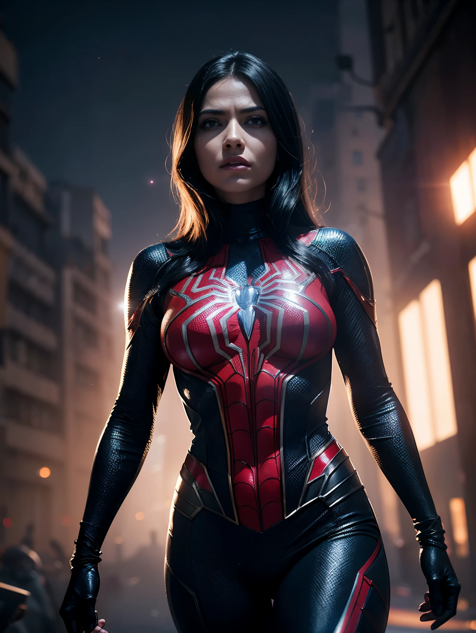 Scene from Movie, spiderWoman from marvel, Distorted Space, Distorted Undead in the Background, Lens Flares, Light Shafts, Intricate Details, High Detailed, Volumetric Lighting, 4k Rendering, Stock Photo, Hyper-Realistic, Realistic Textures, Dramatic Lighting, Unreal Engine
