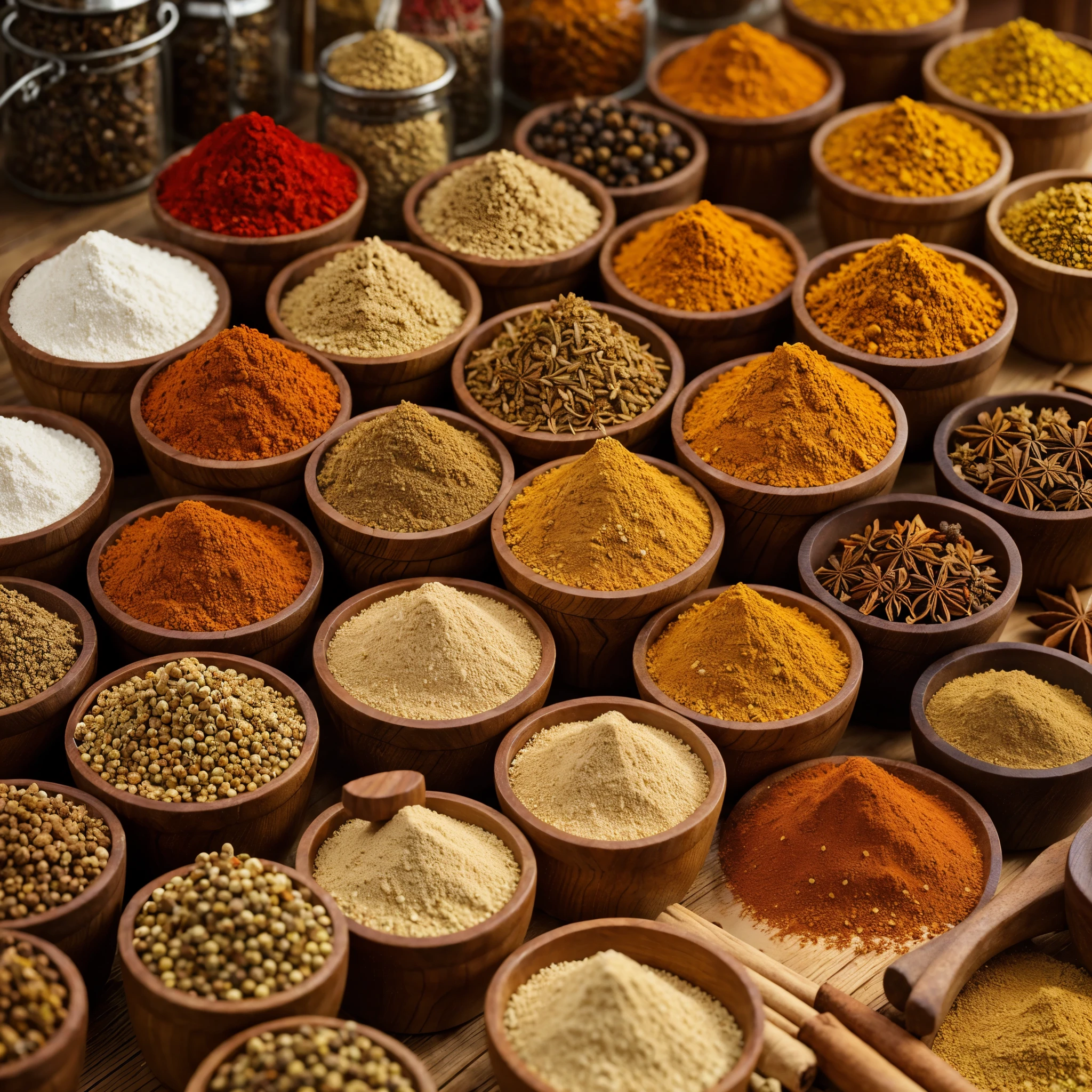 spices: Verschiedene spices in einem kreisförmigen Muster angeordnet.
Farben: Harmonische Farben, that provide a calming feeling.