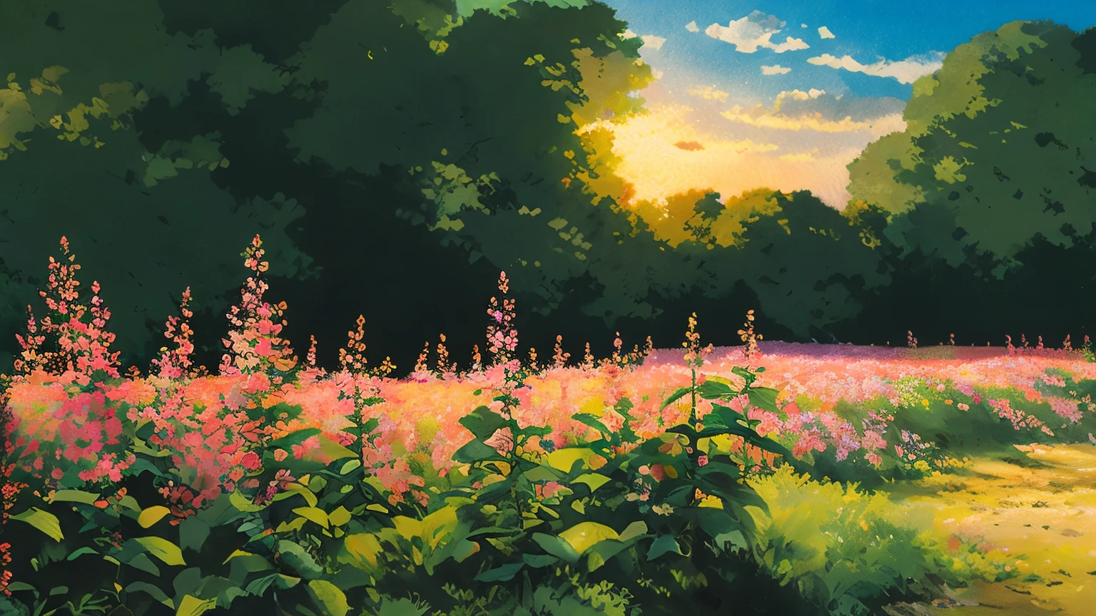 Realistic, authentic, Beautiful and amazing landscape oil painting by Studio Ghibli Hayao Miyazaki' Romantic sunset, lilac pink with elk shades of flowers, Grove near the village, girl looking at the sky