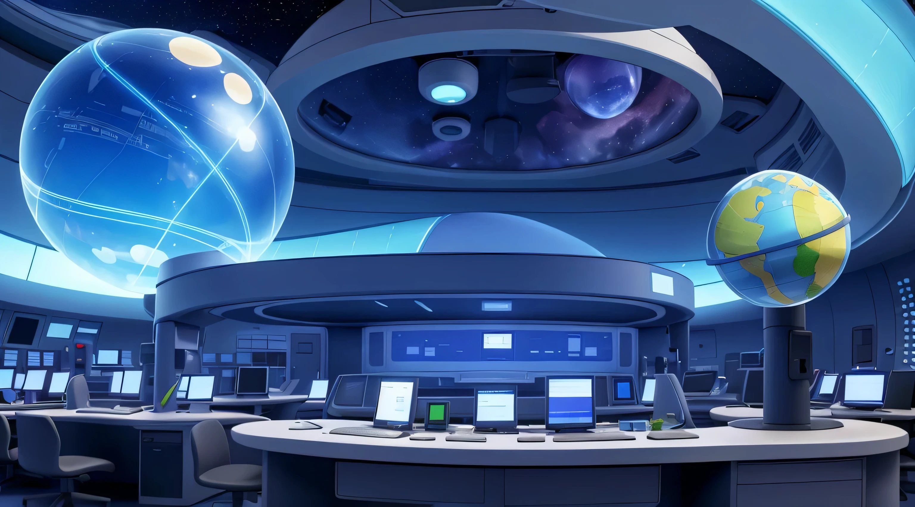 A futuristic laboratory with a holographic world globe in the middle of the laboratory, com varias tela e computadores, as a NASA workforce 