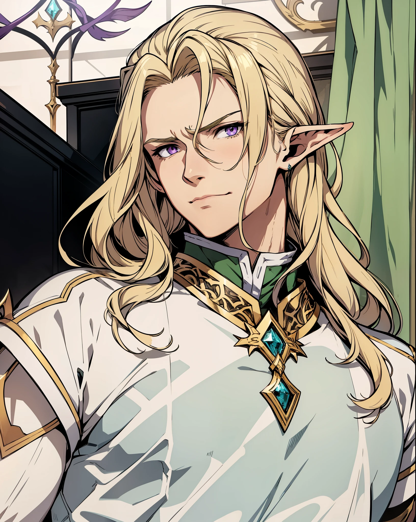 anime - style image of a young elf with purple eyes and blonde hair, purple eyes, blonde hair, a portrait of a male elf, beautiful male elf, a male elf, portrait of a young elf wizard, handsome guy in demon slayer art, elven male, young half elf wizard, beautiful androgynous prince, elven character with smirk, artwork in the style of guweiz, serious face, upper body, fixed arms, serious