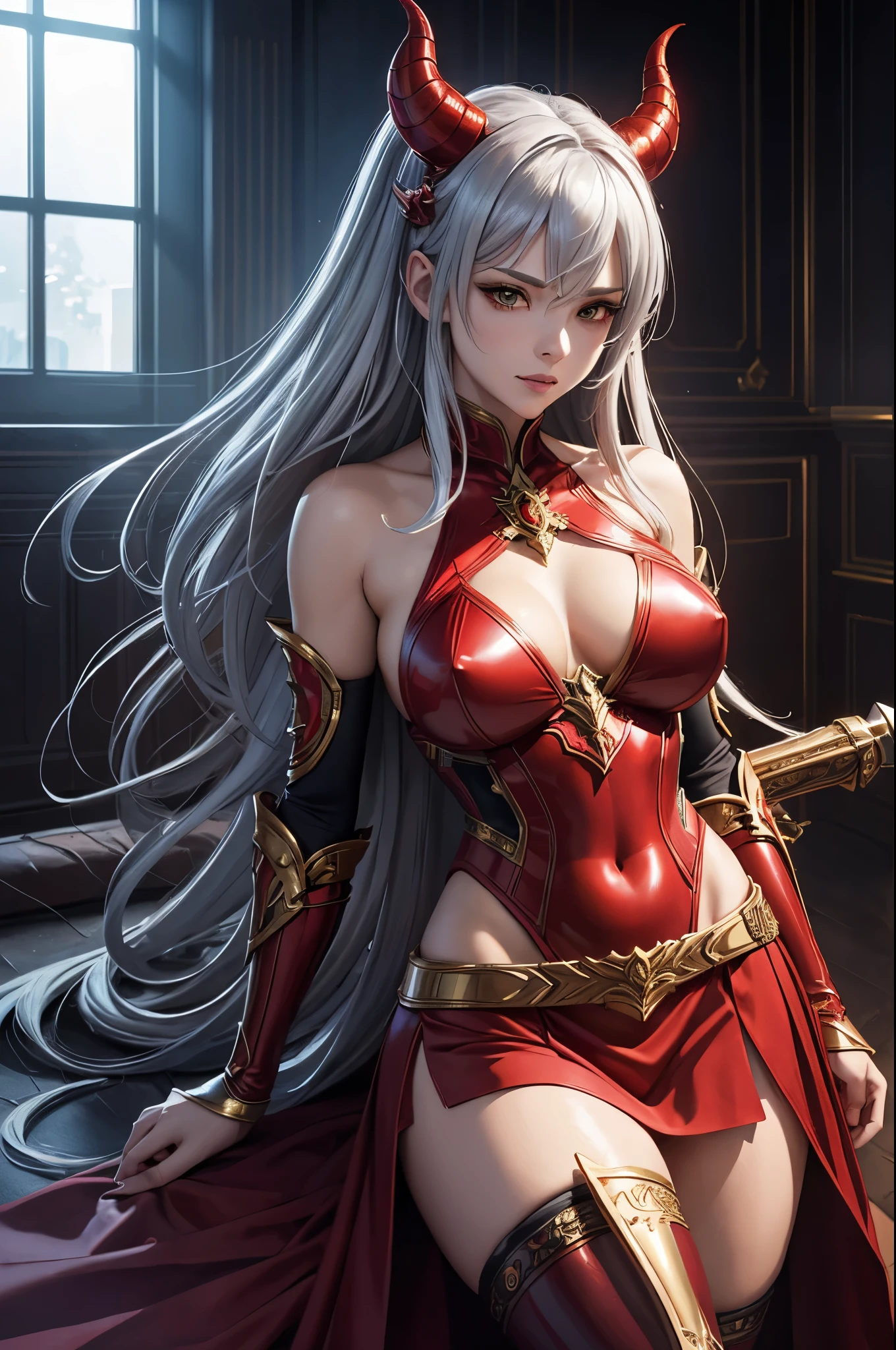 8K、Red flame-shaped chest armor,A bewitching succubus wearing luxurious red armor.,Super beautiful(like the real thing)、Long skirt with a luxurious red flame motif,Arafed woman taking a photo with sword and armor、Beautiful wavy silver hair、big and full breasts、Chest armor with flame motif(red and silver)2。5d cgi anime fantasy artwork、Fan Art Mayeur Art Station、デジタルfantasy art)、wallop loss draw、Woman in armor、壮大なfantasy artスタイル、beautiful succubus、attractive、Beautiful fangs、looking at the viewer、captivating gaze、laughter、master piece,masterpiece,Photorealistic RAW photos of the highest quality。bright colors,rich colors, Backlight, cinematic lighting, film grain, to be born, 50mm lens, Nikon D850,realistic skin,fantasy art,character art,ultra high resolution,realistic scale skin,goddess of evil,horn of evil god,Macho with muscular slender body,Violent and strongly cracked abdominal muscles,golden eyes(golden glitter effect),have the spear of the evil god,luxurious red shoulder armor,gorgeous red gauntlet,Luxurious red skirt,