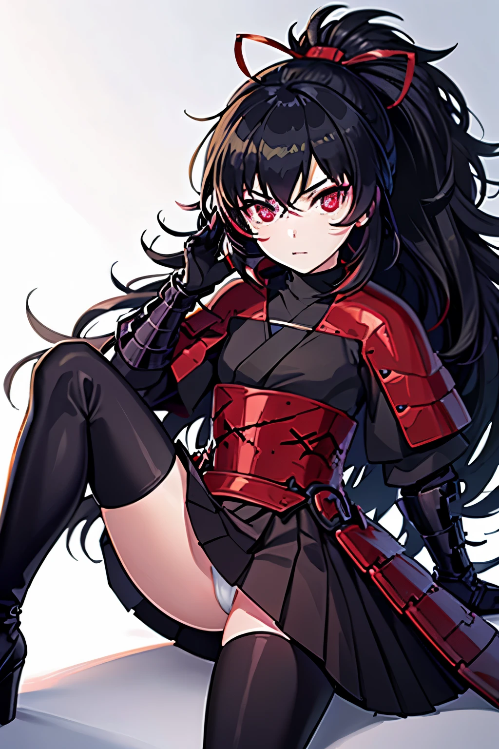 Anime girl with long black hair and red dress sitting on a white ...