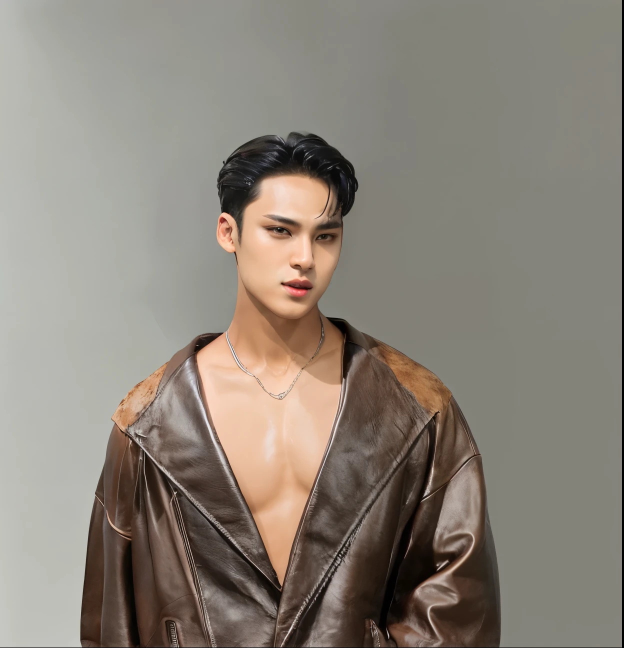 man in a leather jacket posing for a picture, glossy from rain, Kim mingyu, mingyu, wearing a brown leather coat, mingyu Kim from seventeen