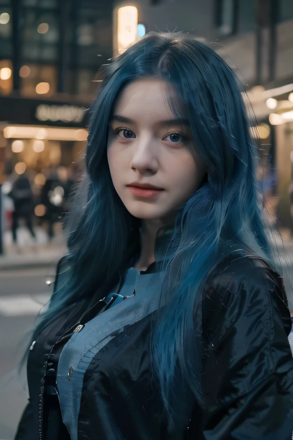 (melhor qualidade:1.2, ultra-detalhado, realista:1.37), modelo de 22 anos de cabelo azul, Cabelo longo, standing outside on the street at night, retrato, splendid, todas as roupas da moda preta, realista face, cabelo azul claro, Cabelo longo, close do rosto, pale skin, Seios pesados