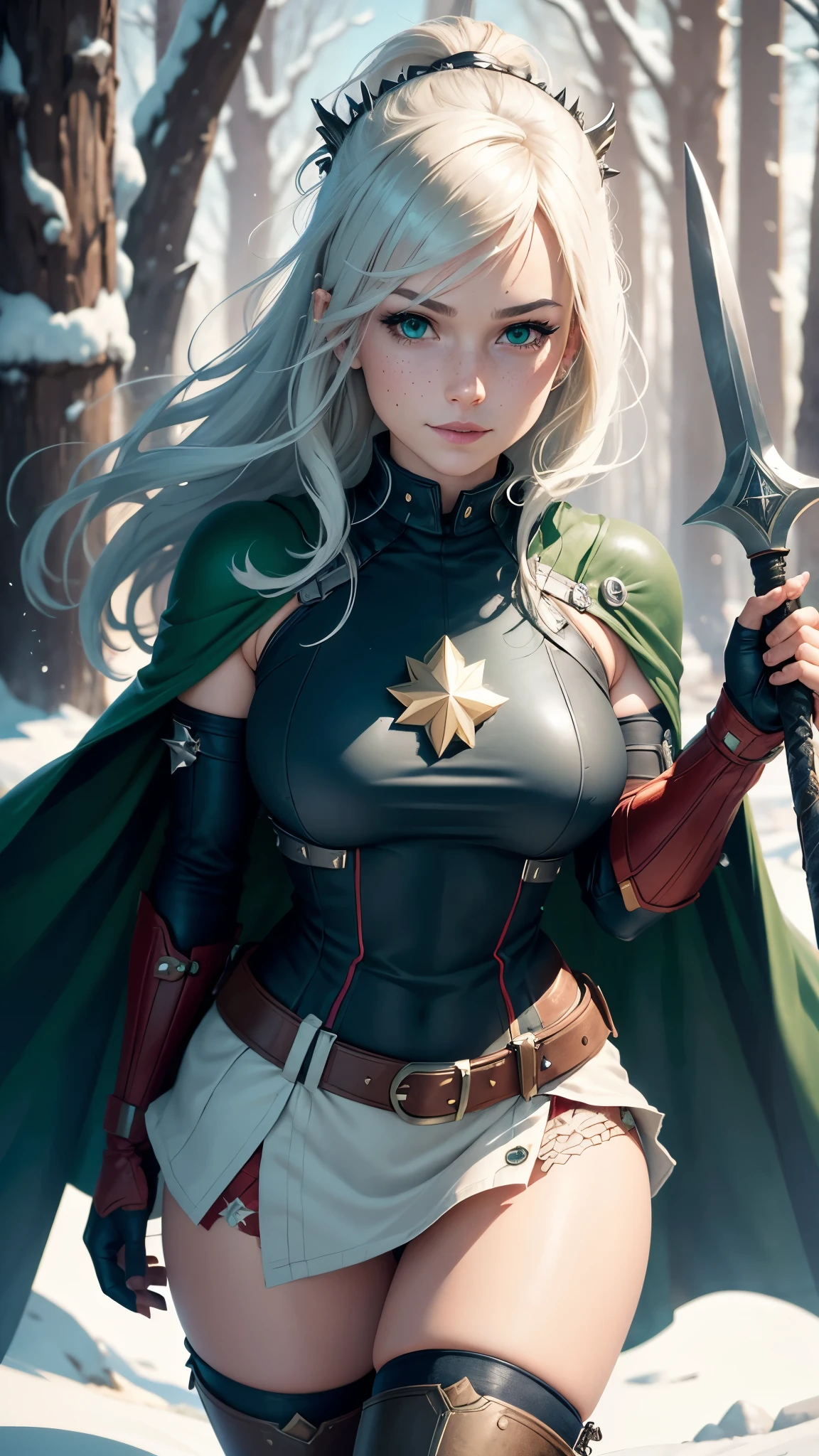 gwen tennyson,captain marvel,yorha 2b,solo girl,overwatch,atelier ryza,close up,winter forest,viking village,rune tattoos,fur and royal green plugsuit,winter viking linen shirt,royal green viking cape,spiked viking armor,tight mini skirt,short viking hair,viking makeup,green eyes,multicolored silver hair, spiked gloves,sexy smile,freckles,beautiful girl,knee high spiked boots,large breasts,8k,ultra detailed,realistic,fantasy art,viking armor,hair pin,ear piercings,(weather:windy),1girl,viking axe,