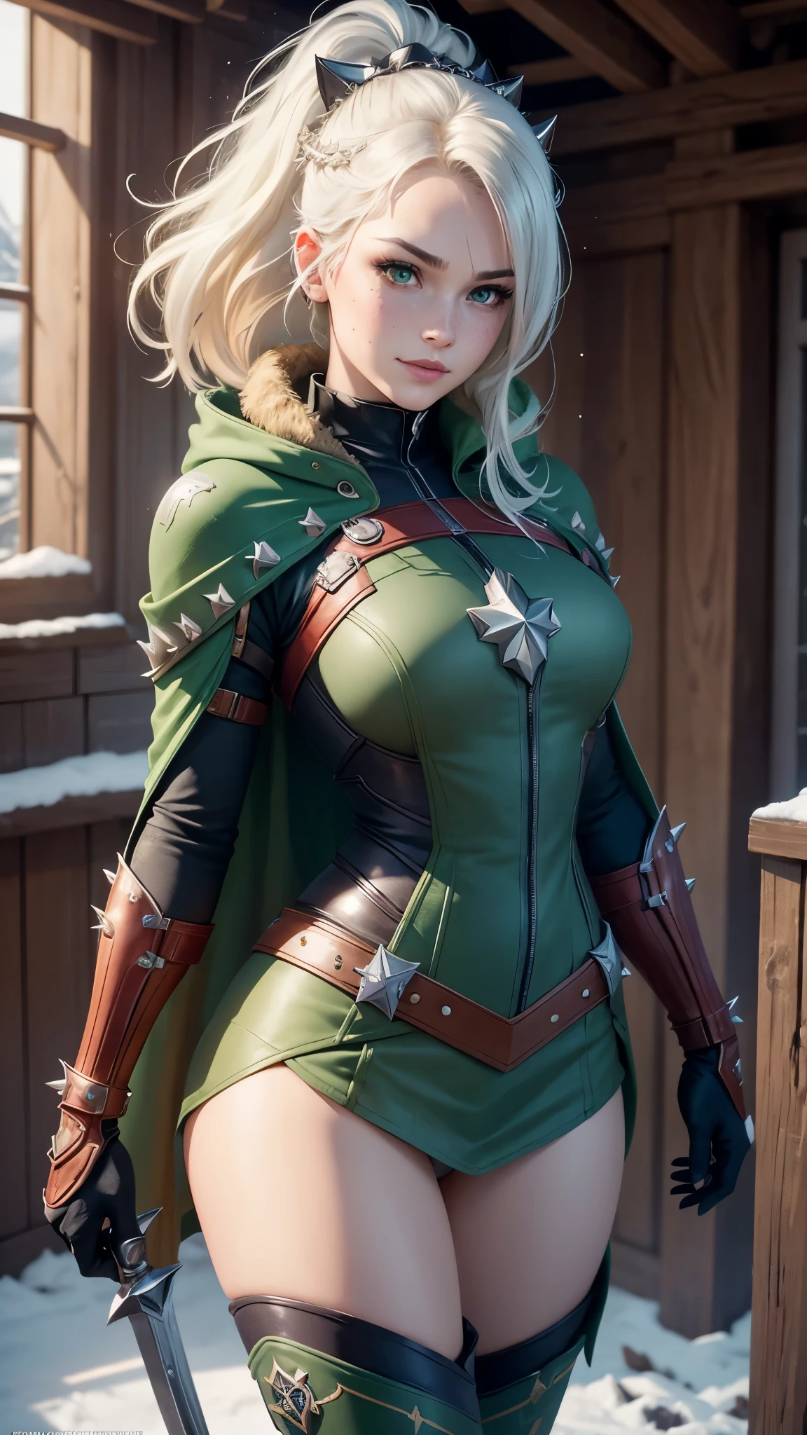 gwen tennyson,captain marvel,yorha 2b,solo girl,overwatch,atelier ryza,close up,winter forest,viking village,rune tattoos,fur and royal green plugsuit,winter viking linen shirt,royal green viking cape,spiked viking armor,tight mini skirt,short viking hair,viking makeup,green eyes,multicolored silver hair, spiked gloves,sexy smile,freckles,beautiful girl,knee high spiked boots,large breasts,8k,ultra detailed,realistic,fantasy art,viking armor,hair pin,ear piercings,(weather:windy),1girl,viking axe,
