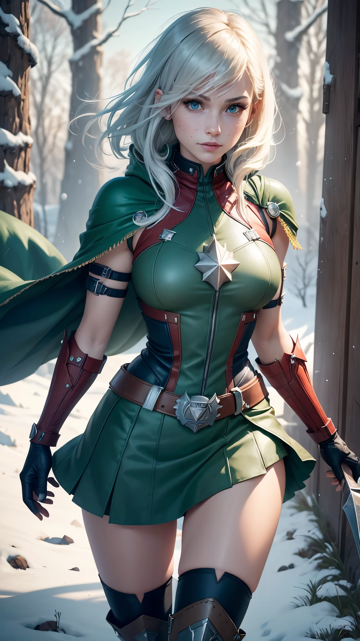 gwen tennyson,captain marvel,yorha 2b,solo girl,overwatch,atelier ryza,close up,winter forest,viking village,rune tattoos,fur and royal green plugsuit,winter viking linen shirt,royal green viking cape,spiked viking armor,tight mini skirt,short viking hair,viking makeup,green eyes,multicolored silver hair, spiked gloves,sexy smile,freckles,beautiful girl,knee high spiked boots,large breasts,8k,ultra detailed,realistic,fantasy art,viking armor,hair pin,ear piercings,(weather:windy),1girl,viking axe,