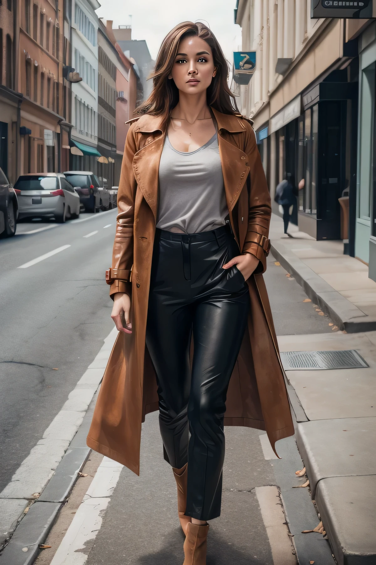 RAW photo, 8K photo of a beautiful woman, (breasts), brown hair (high detailed skin:1.2), 8k uhd, dslr, soft lighting, high quality, film grain, Fujifilm XT3, deconstructed vibrant pastel trench coat with assymmetrical cuts and a patchwork of suede and leather materials, soft color straight-fit trousers and a grey tee, leather high heels