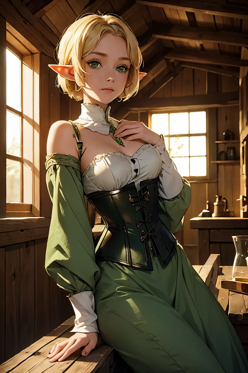 (1Girl, Elf, Short blonde hair, beautiful, medieval green clothes, corset, green eyes), (in a wooden house)
