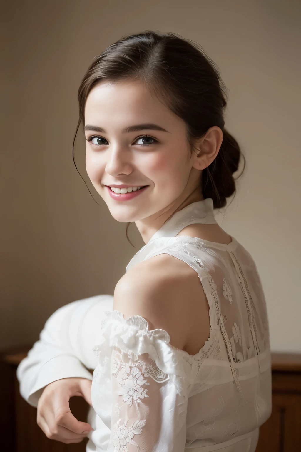 Masterpiece, Best quality, 8k, 18 ans, Photo brute, absurdes, Award-winning portrait, sourire, sourire, pure, french, laces, catalogue, happy smile, philosopher, sitting, highly intelligent, smart, awesome