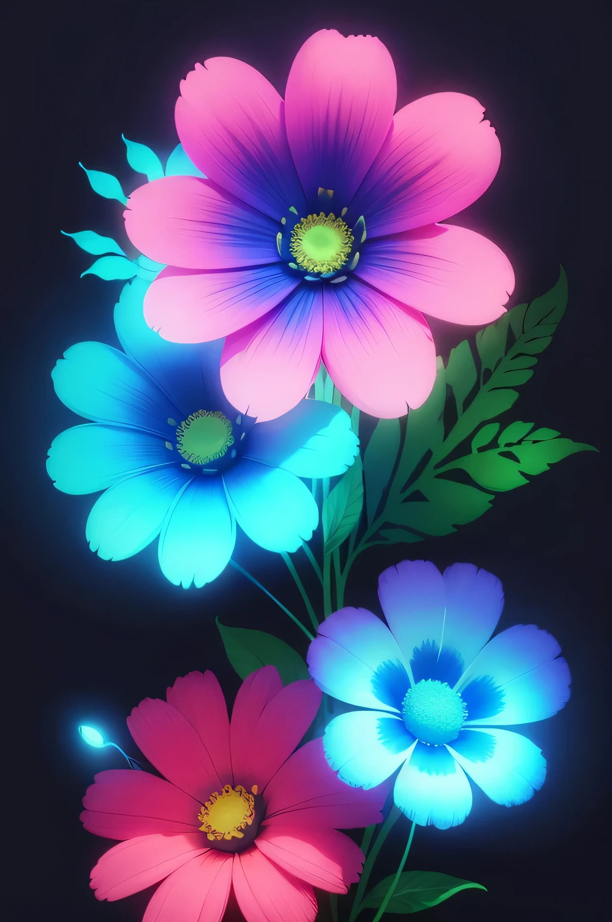 Desenhe flores vibrantes com cores neon, em contraste com um fundo escuro, para criar uma estampa moderna e chamativa.